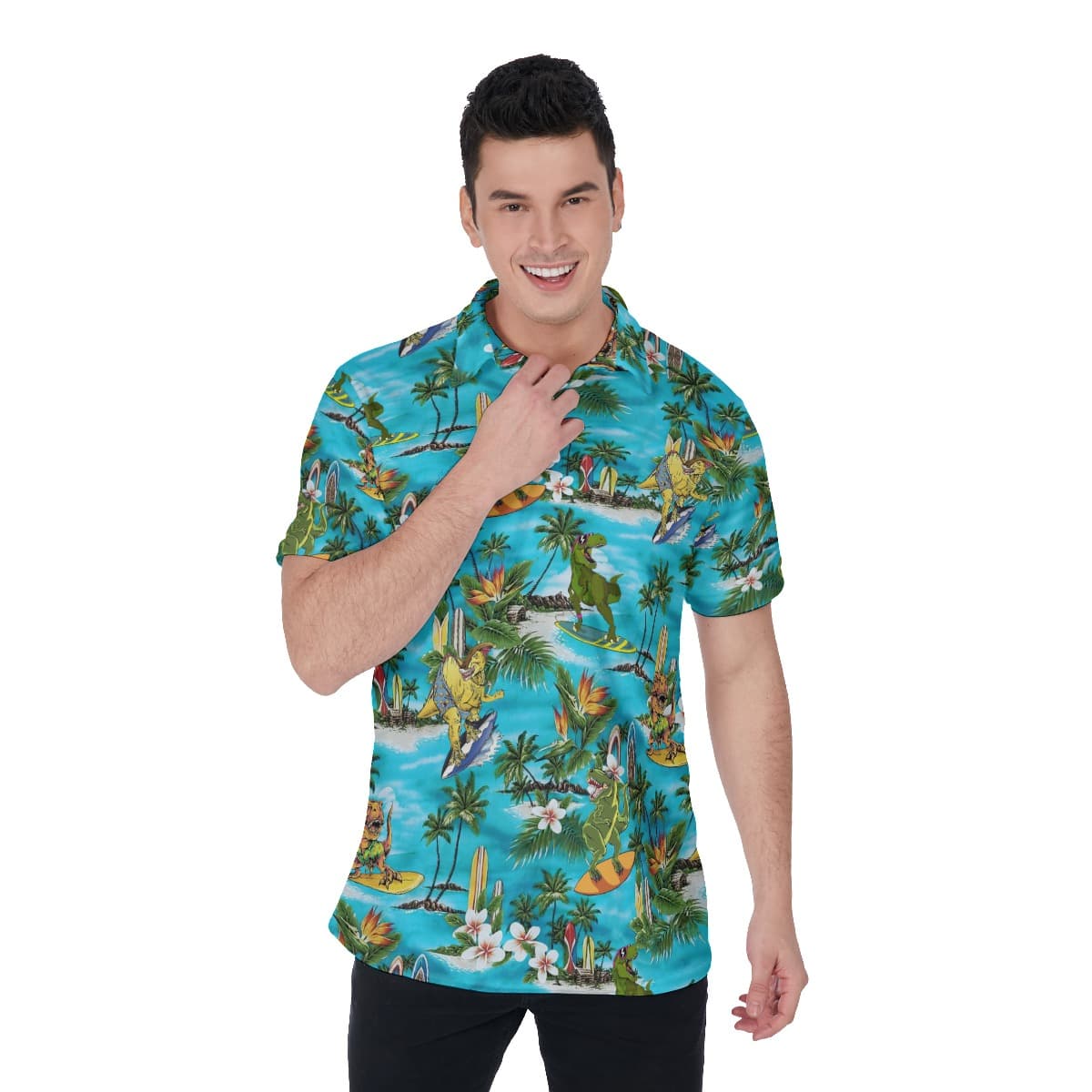 Surfing Dinosaur Blue Hawaiian Polo Shirt For Men