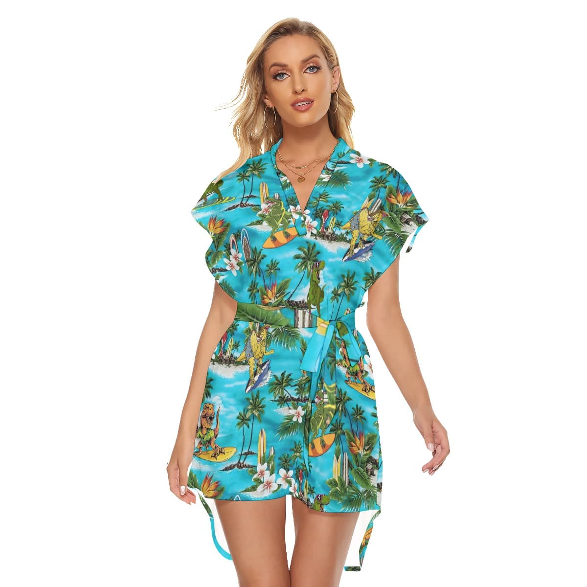 Surfing Dinosaur Tropical Hawaiian Dress With Belt (4)