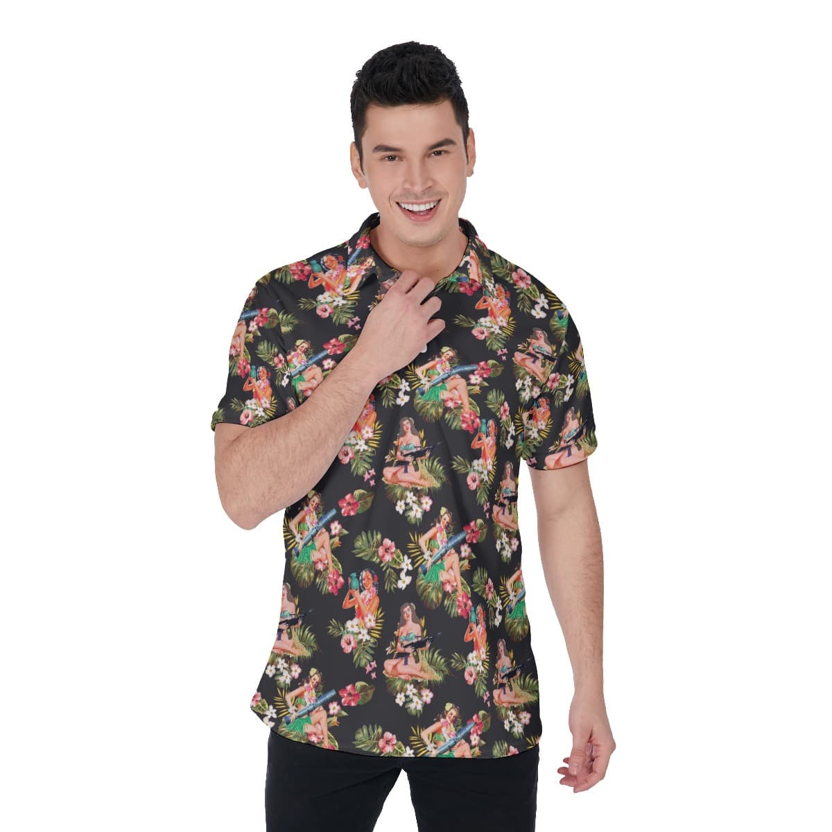 Tactical Hula Girl Hawaiian Polo Shirt For Men (1)