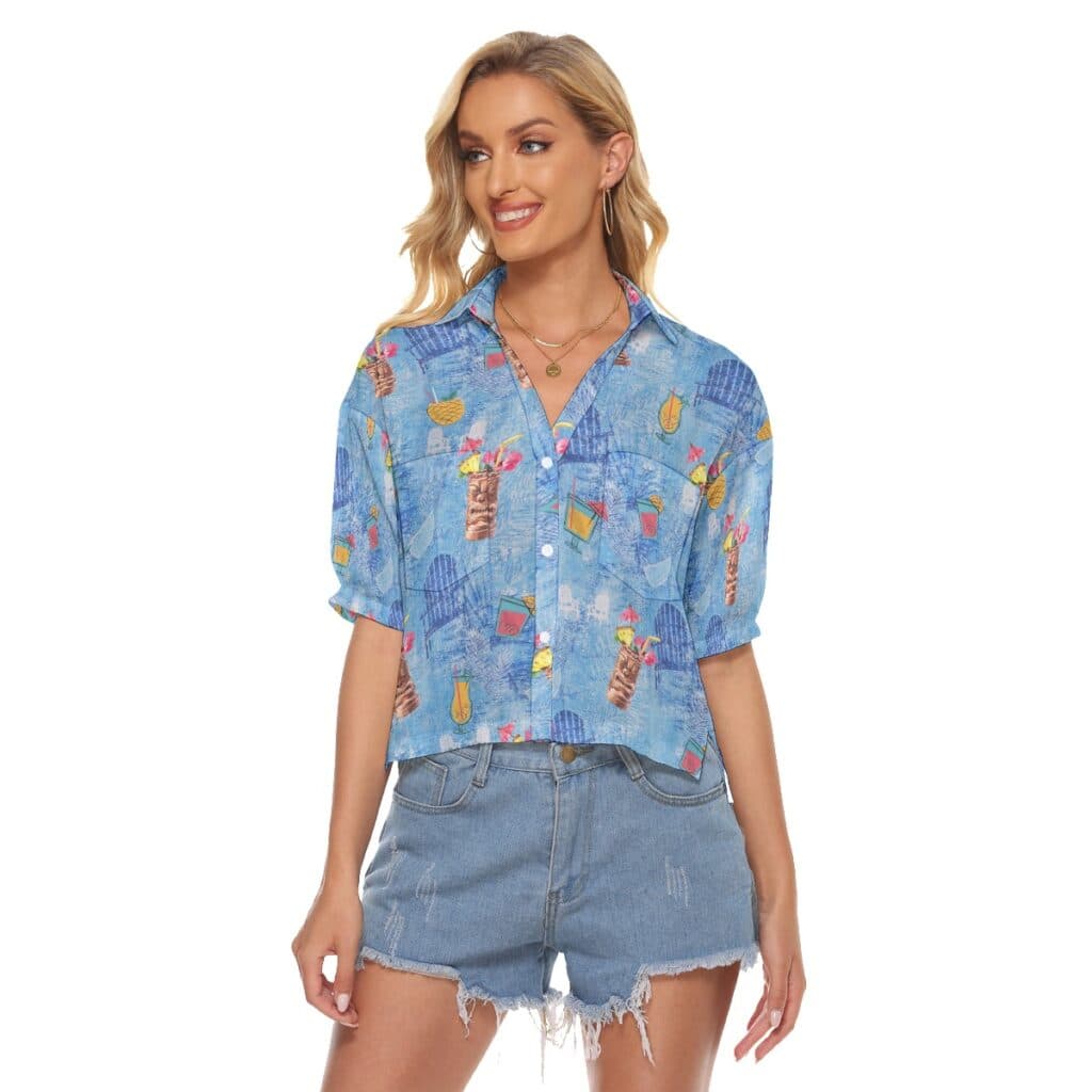 Tiki Drinks Blue Hawaiian Crop Top Shirt For Women