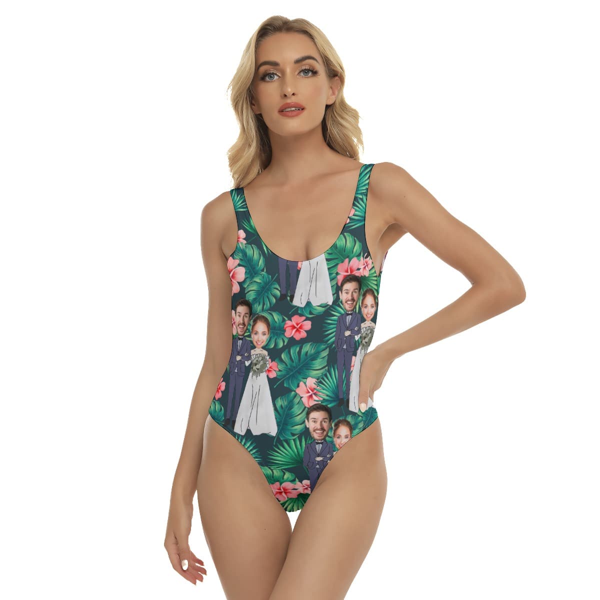 Tropical Custom Face Couple Wedding Swimsuit For Women (1)