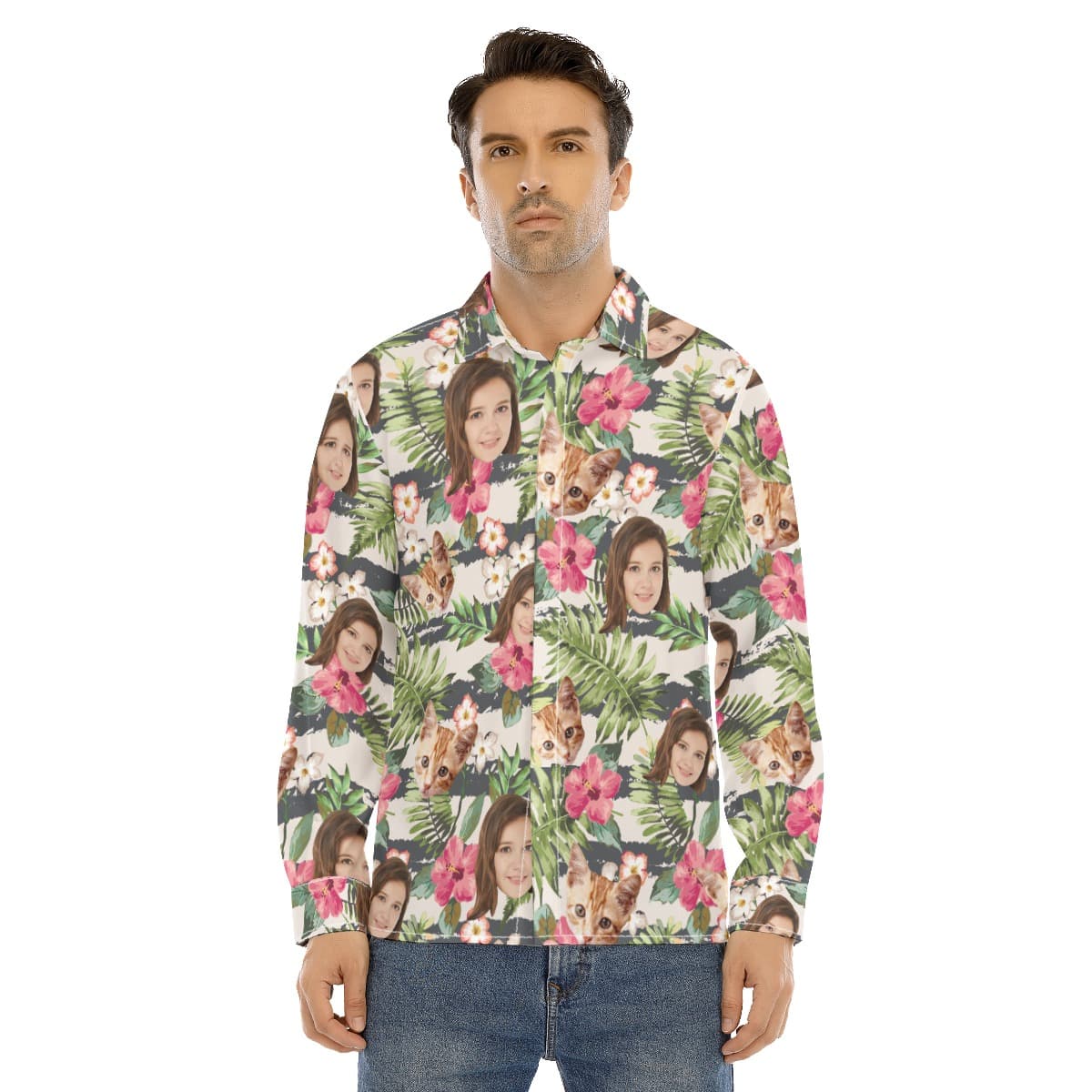 Tropical Custom Face Men’s Hawaiian Long Sleeve Shirt (1)