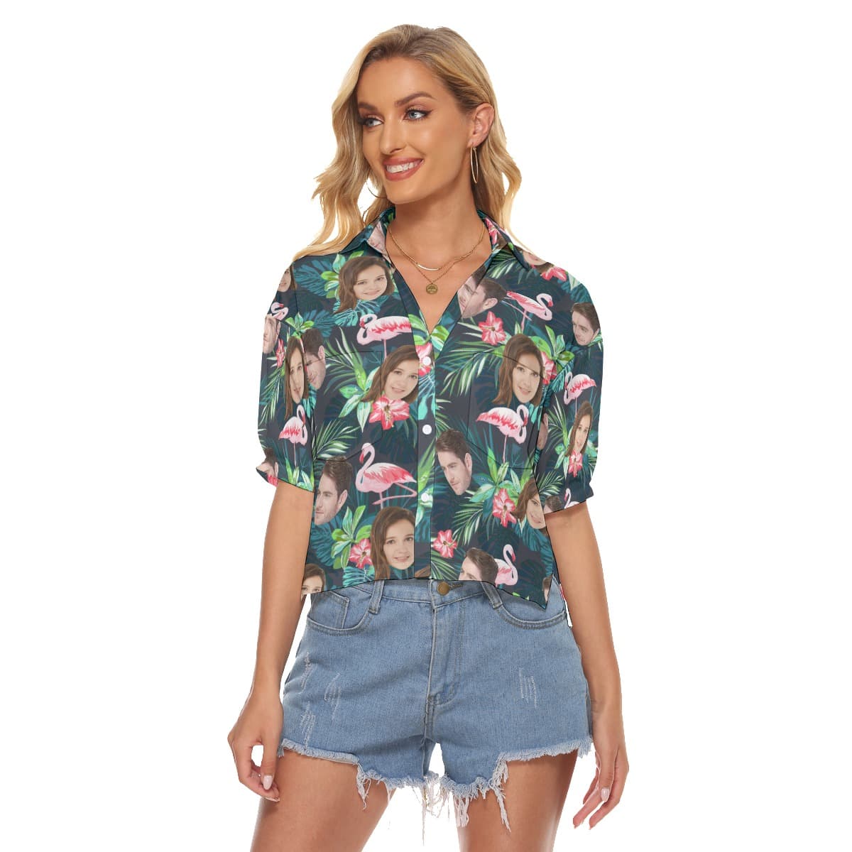 Tropical Flamingo Custom Face Green Aloha Crop Top Shirt (4)
