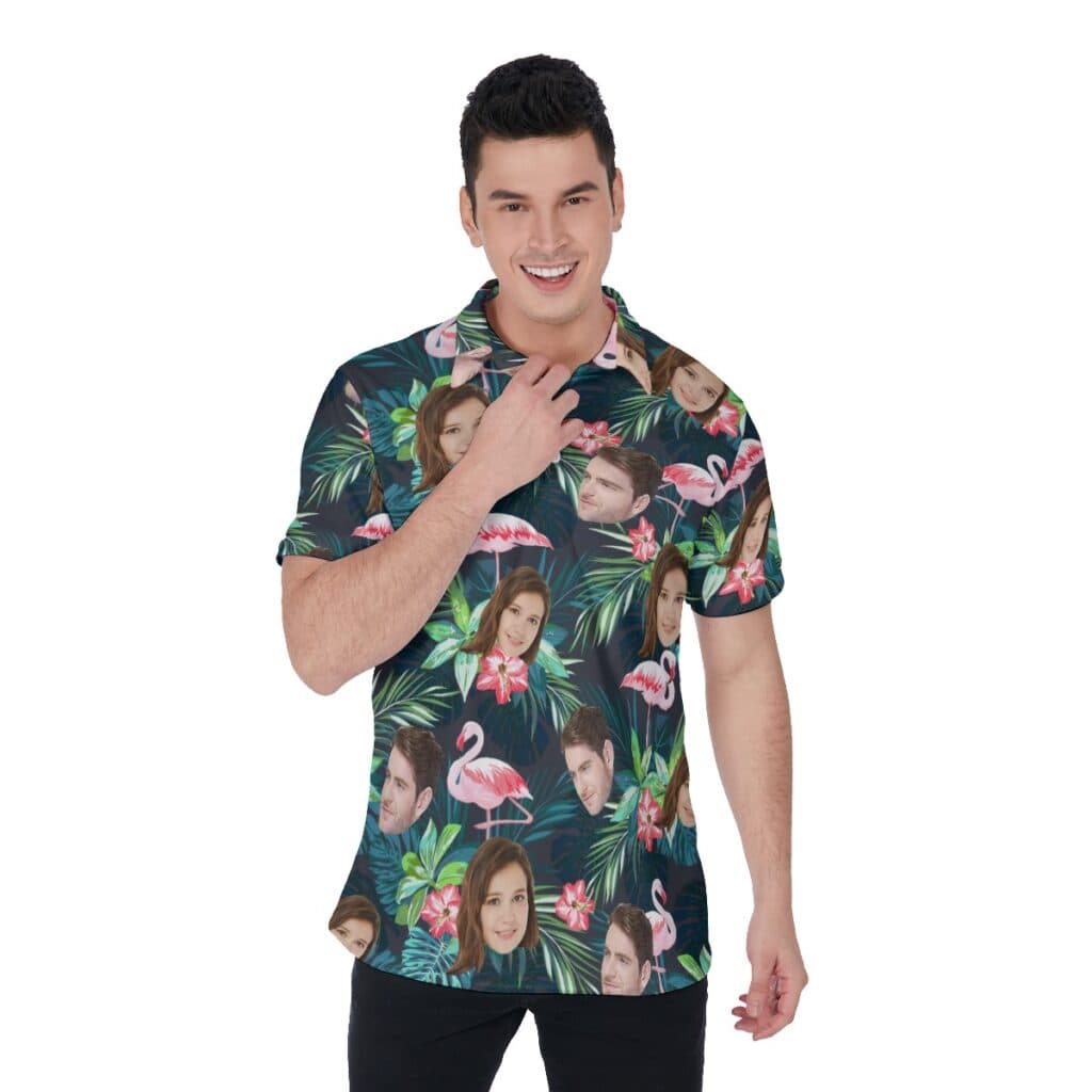 Tropical Flamingo Custom Face Hawaiian Polo Shirt