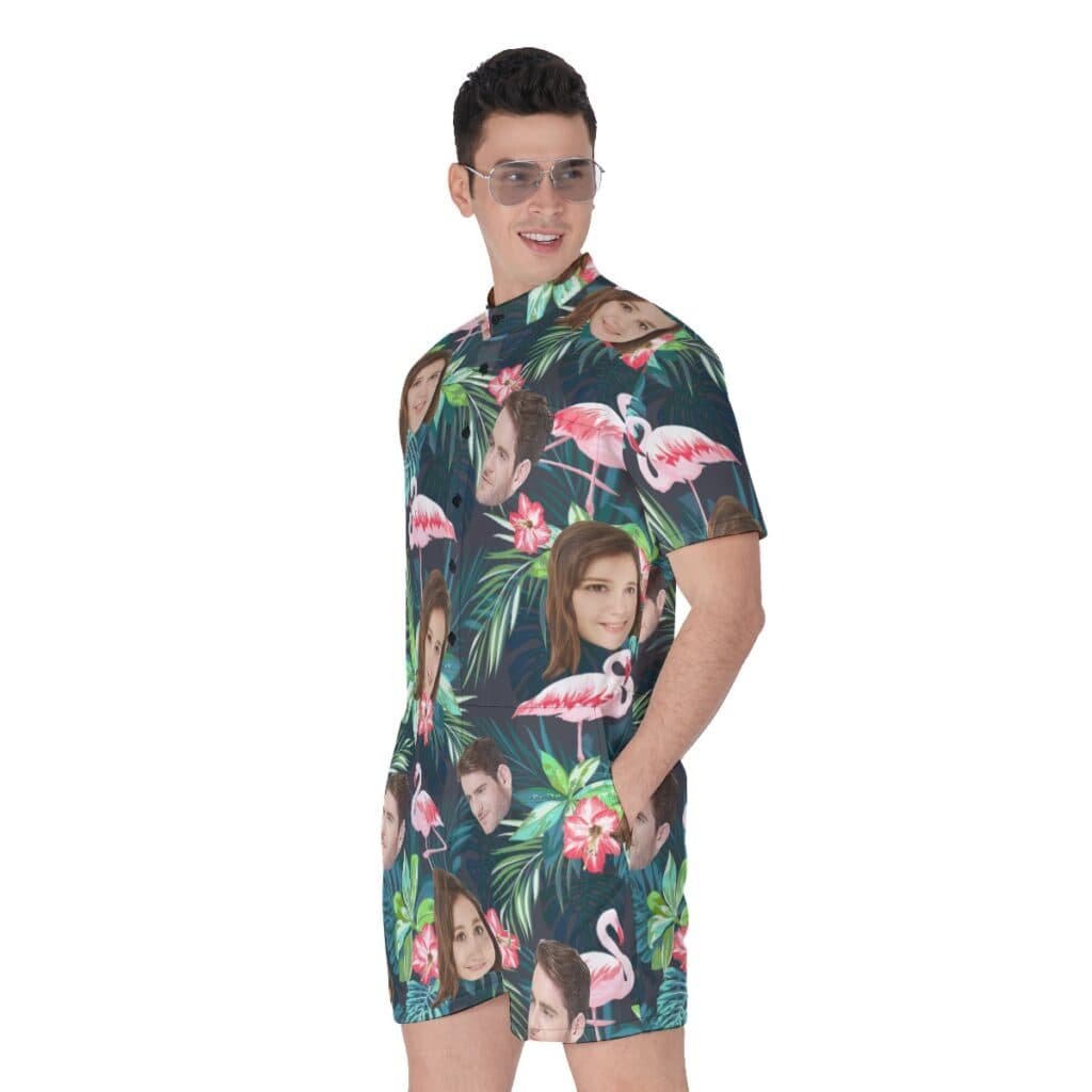Tropical Flamingo Custom Face Men's Green Hawaiian Romper