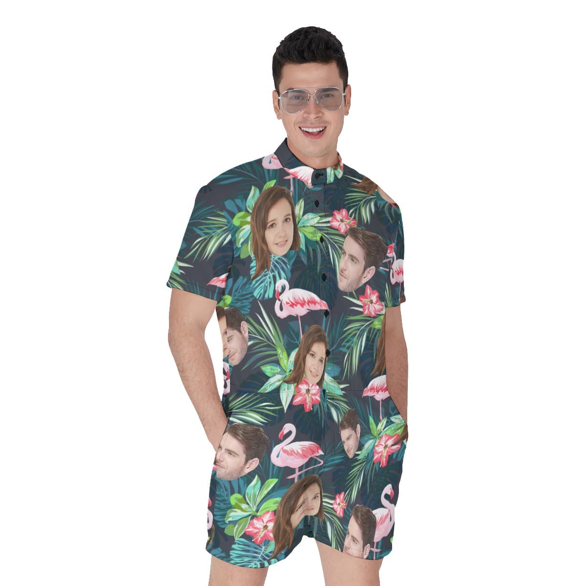 Tropical Flamingo Custom Face Men’s Green Hawaiian Romper (4)