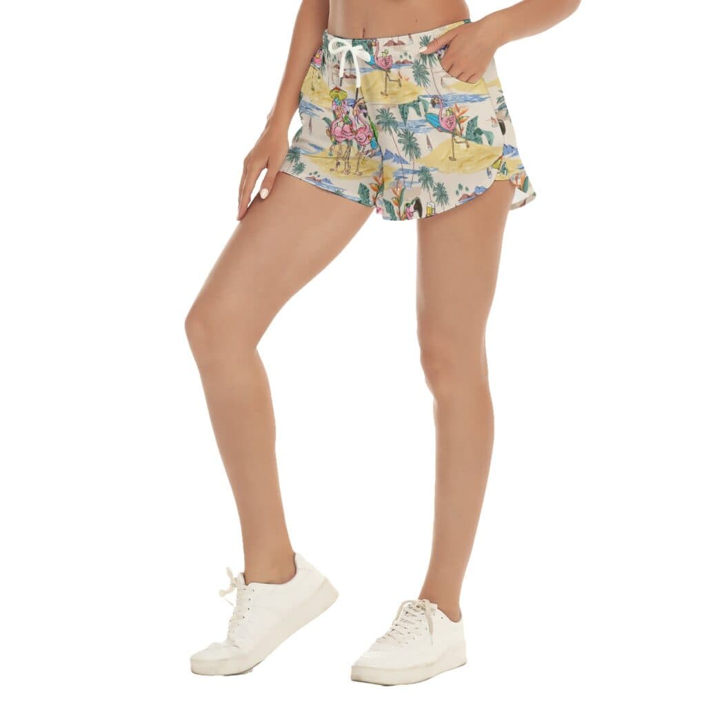 Tropical Flamingo On Beach Summer Hawaiian Shorts For Women