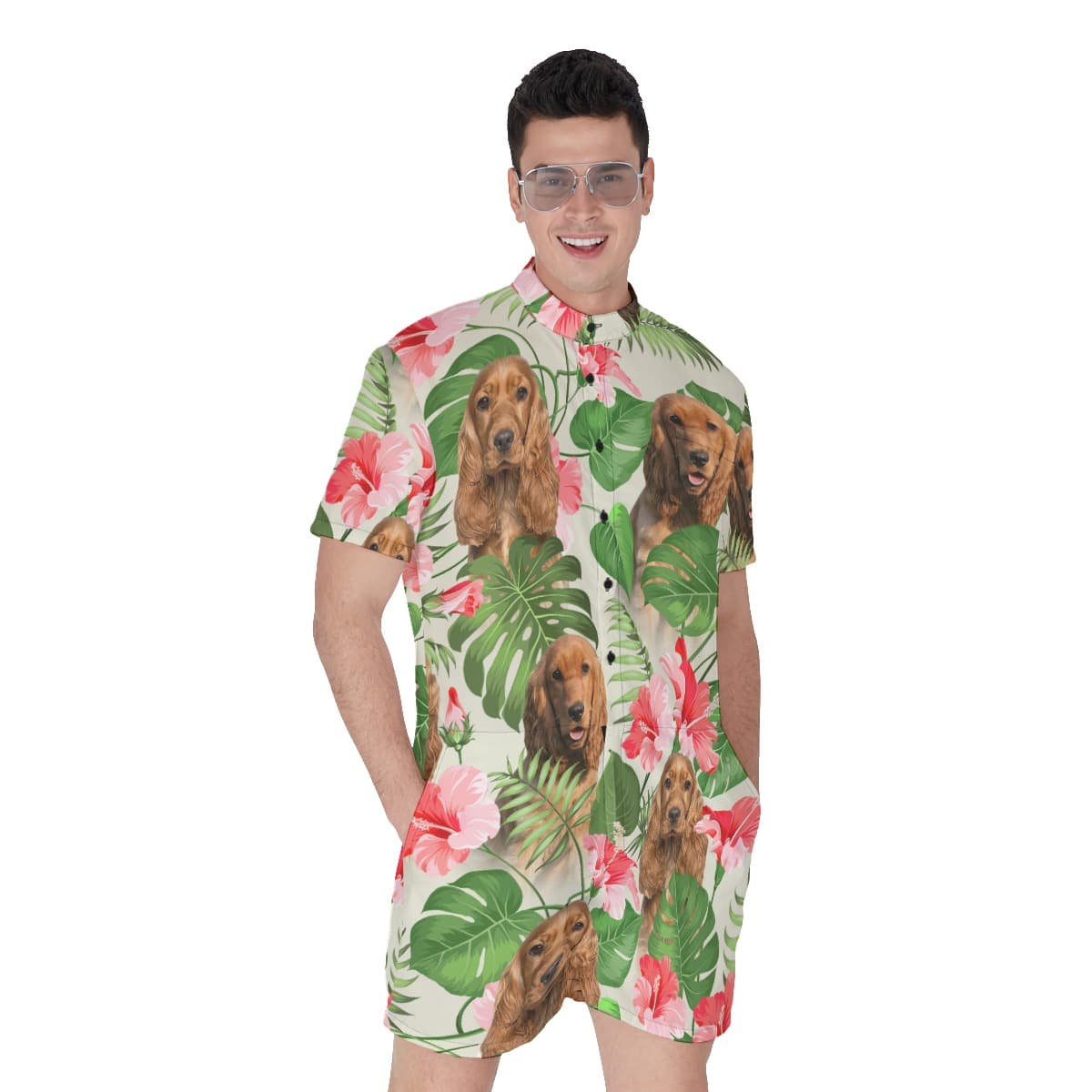 Tropical Floral Men's Hawaiian Romper With Dog Face (1)