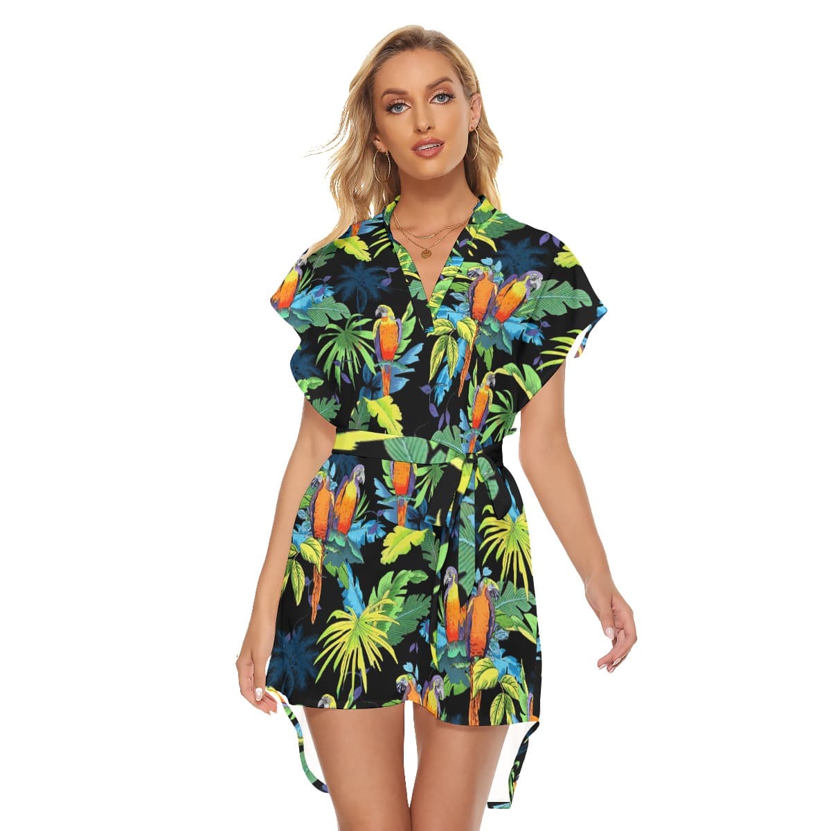 Tropical Parrot Black Hawaiian Dress With Tie (1)
