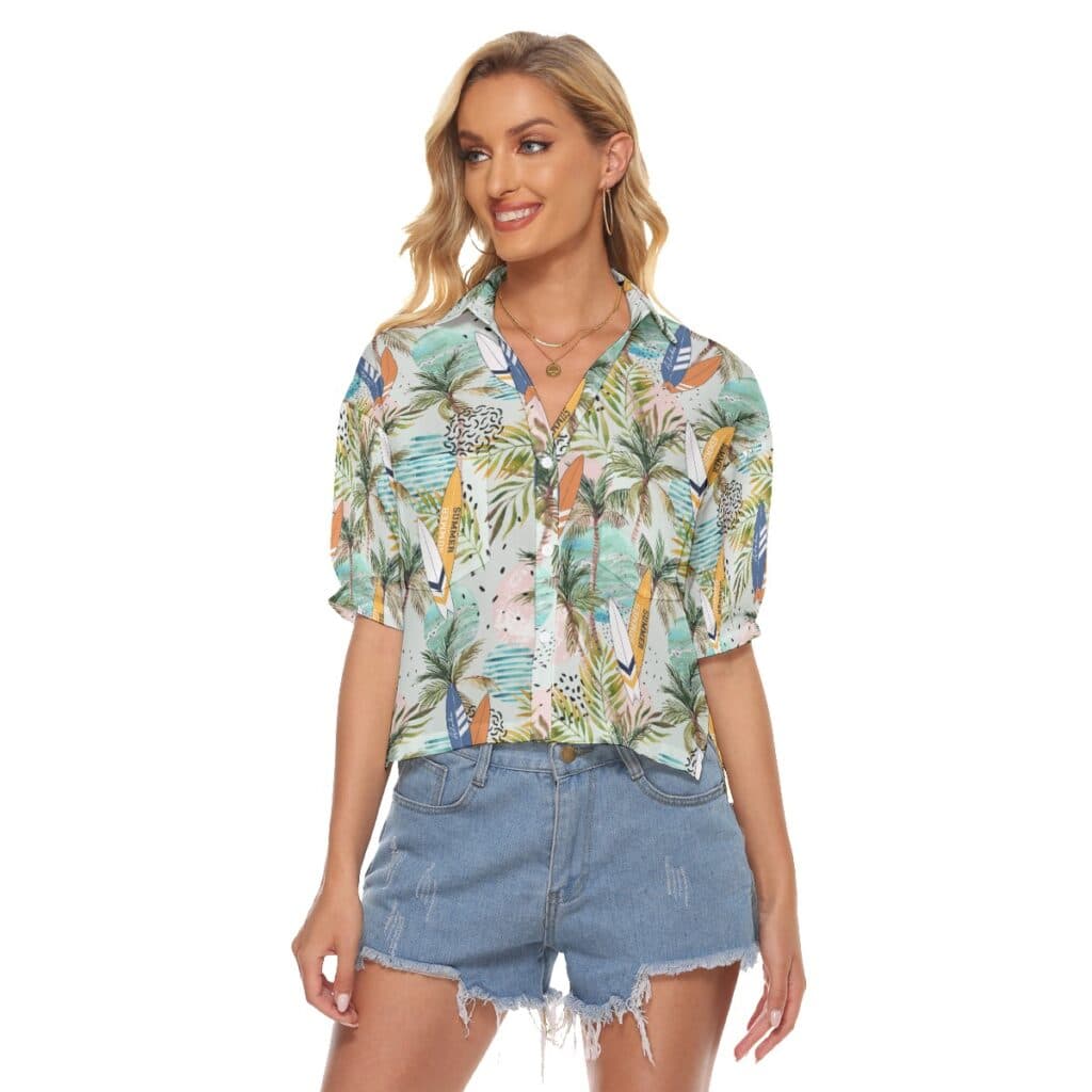 Tropical Surfing Boards Hawaiian Cropped Shirt For Women