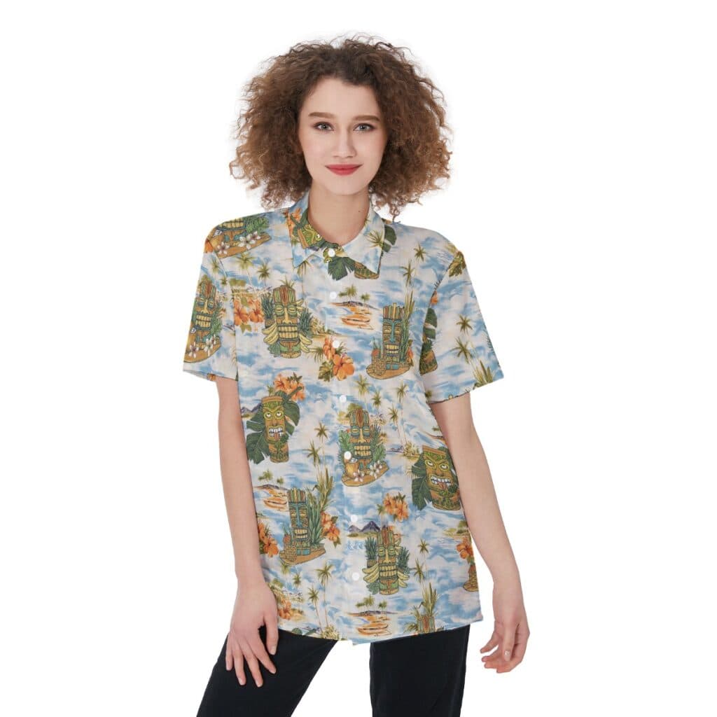 Tropical Tiki Blue Aloha Shirt For Women