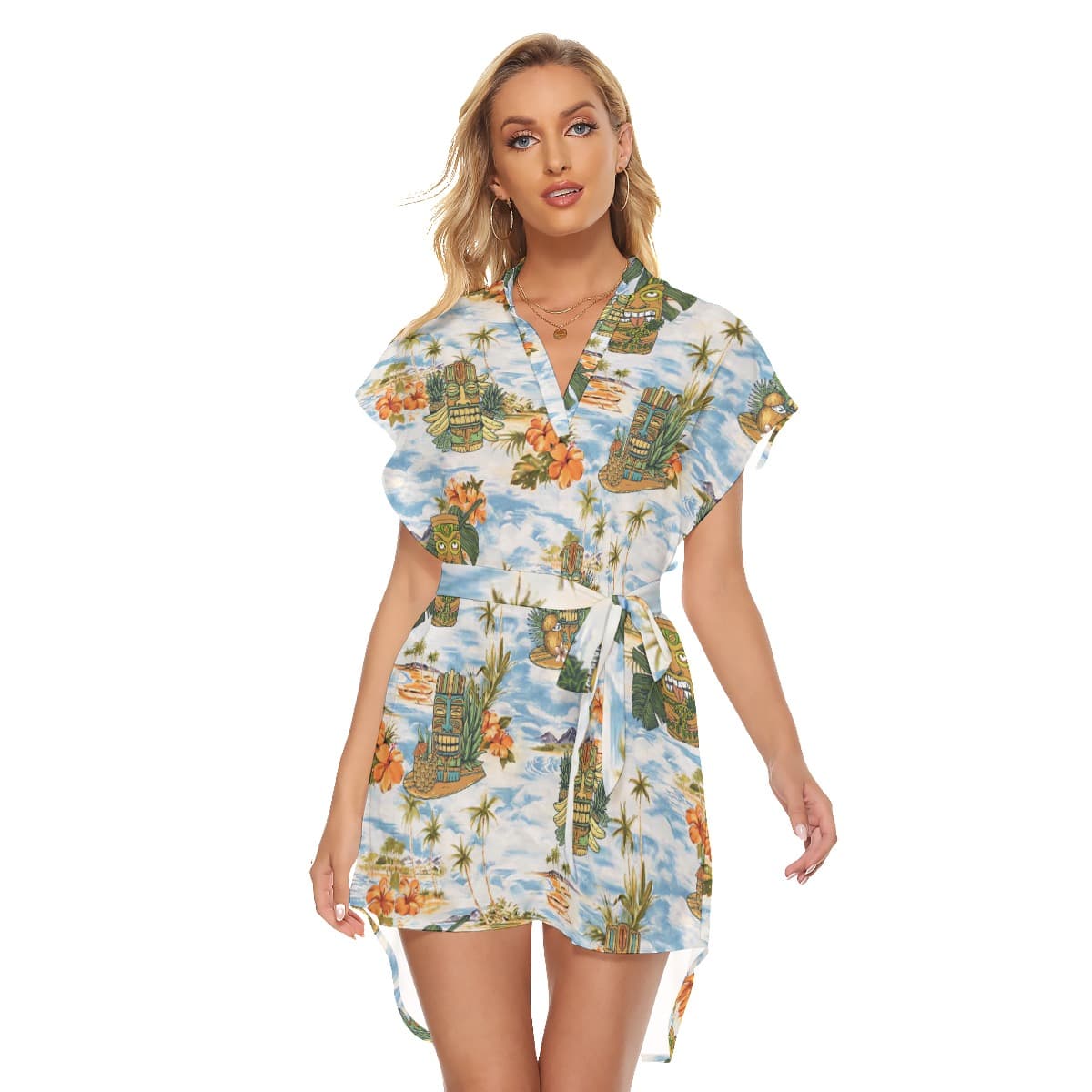 Tropical Tiki Blue Hawaiian Dress With Tie For Summer (4)