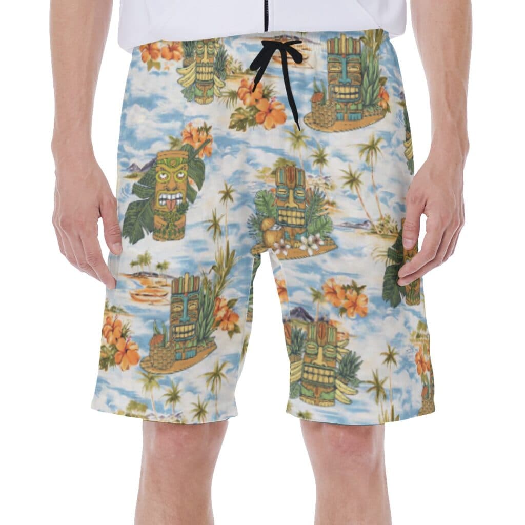 Tropical Tiki Blue Hawaiian Swim Trunks For Men