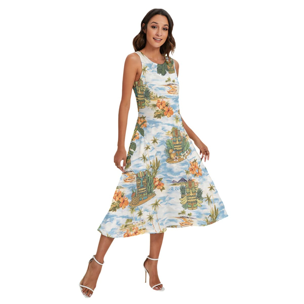 Tropical Tiki Blue Summer Hawaiian Long Dress For Women