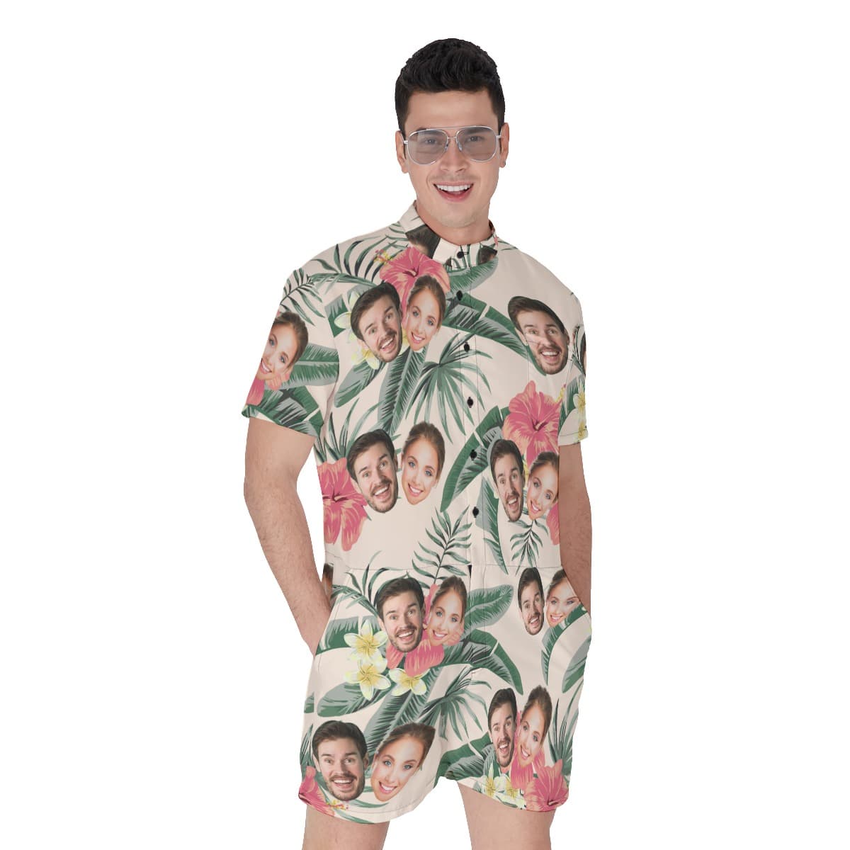 Unique Couple Faces Hawaiian Men's Romper. (1)