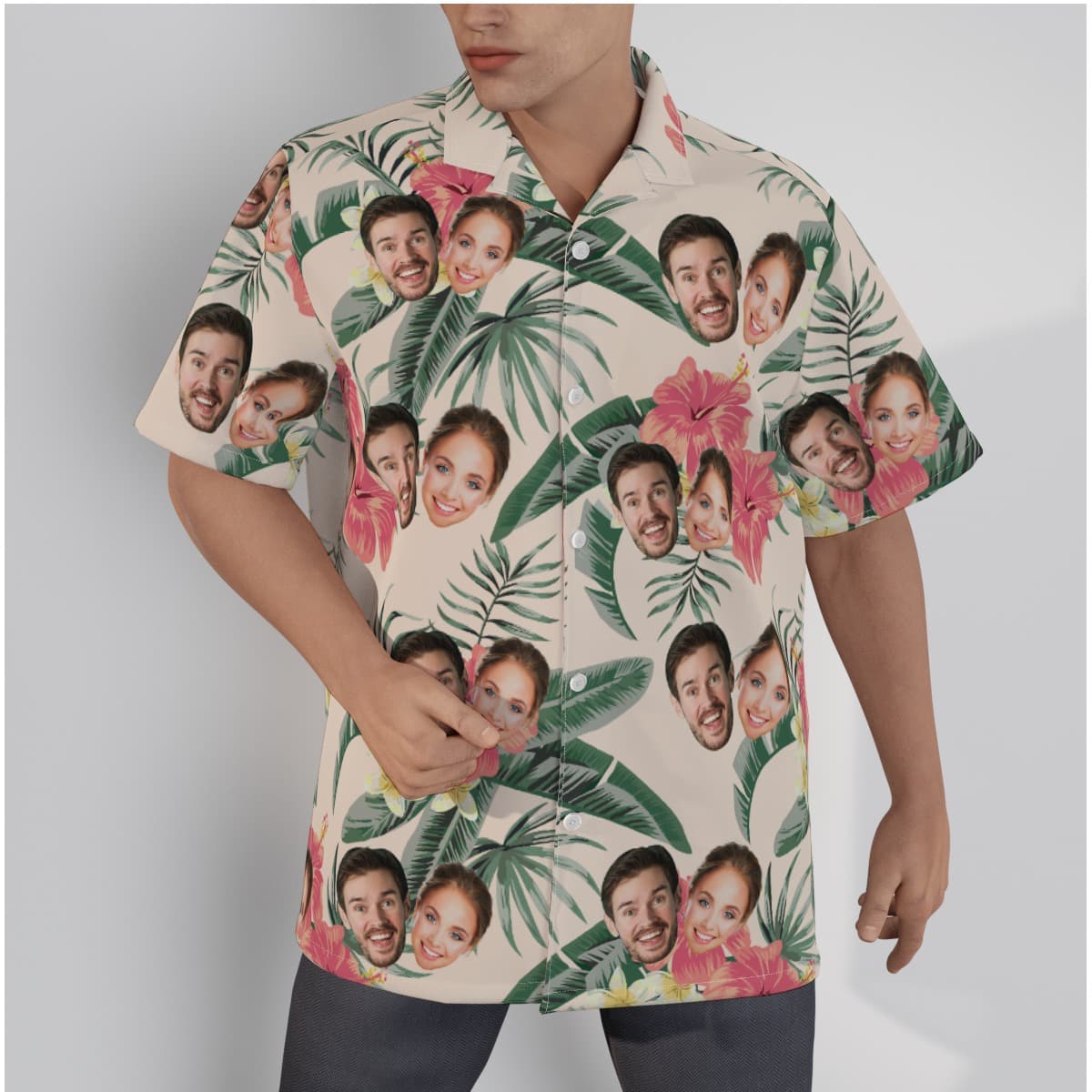 Unique Custom Face Hawaiian Button Up Shirt has a tropical print with funny custom faces all over the shirt, making up a truly refreshing summer outfit that turns heads!