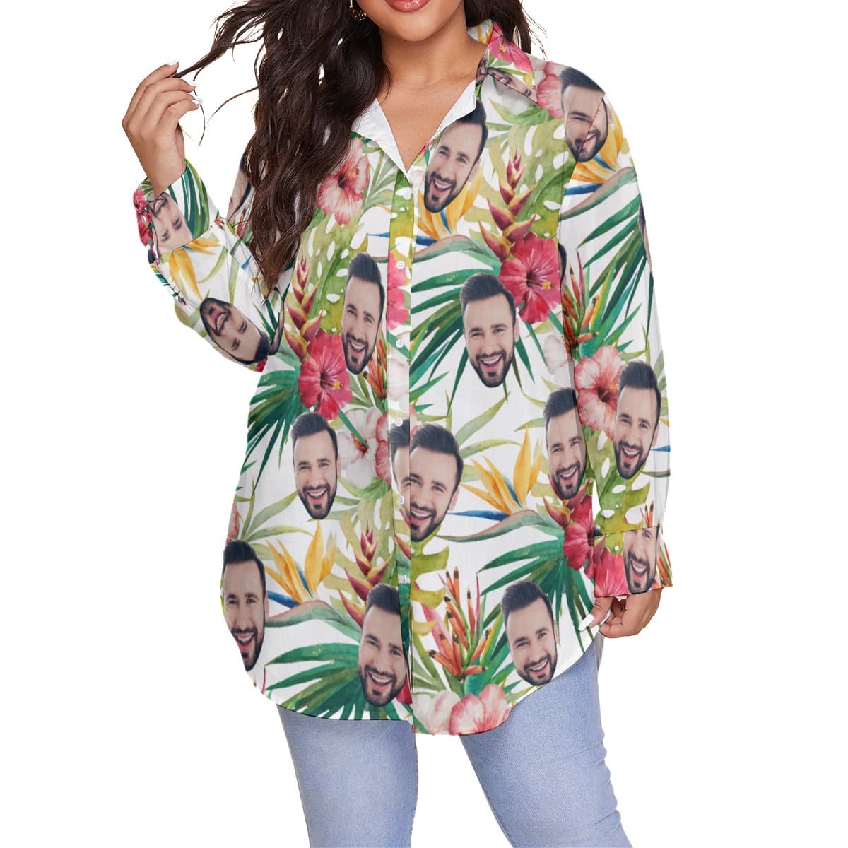 Unique Custom Face Hibicus Patterns Hawaiian Plus Size Shirt For Women (4)
