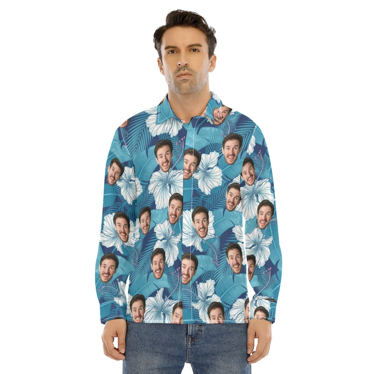 Unique Custom Face Long Sleeve Hawaiian Shirt For Men (1)