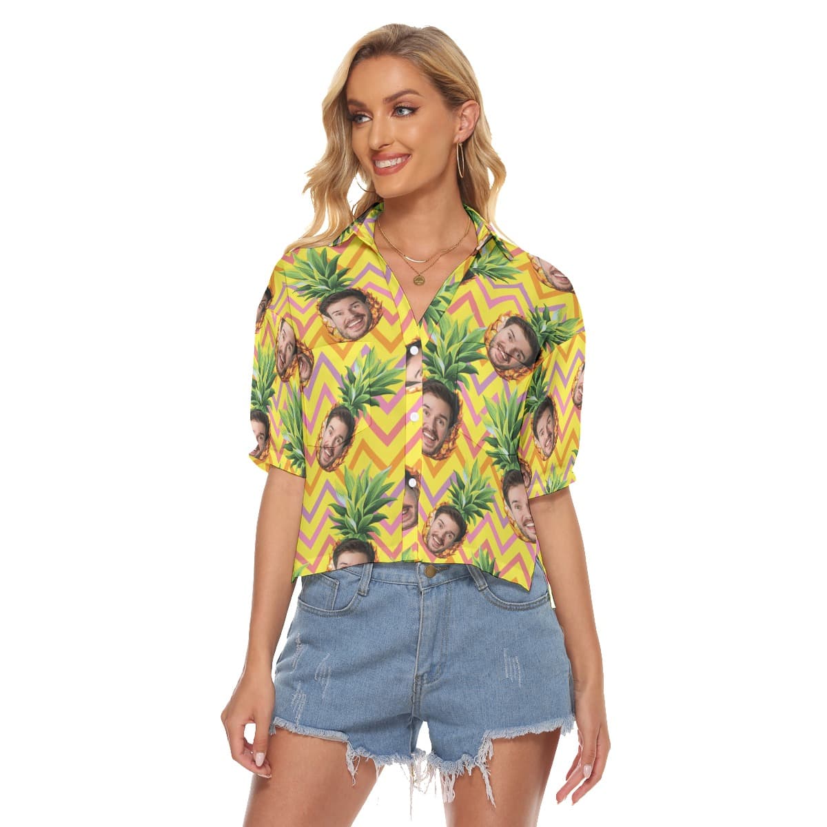 Unique Pineapple Custom Face Hawaiian Crop Top Shirt (4)