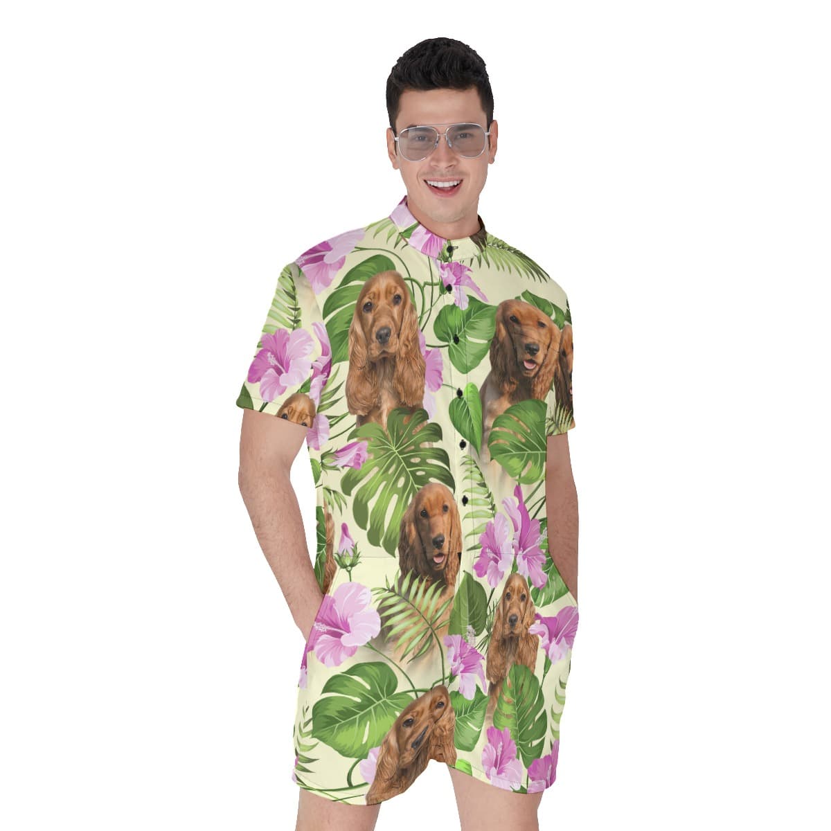 Vintage Floral Men's Hawaiian Romper With Custom Dog Face (1)