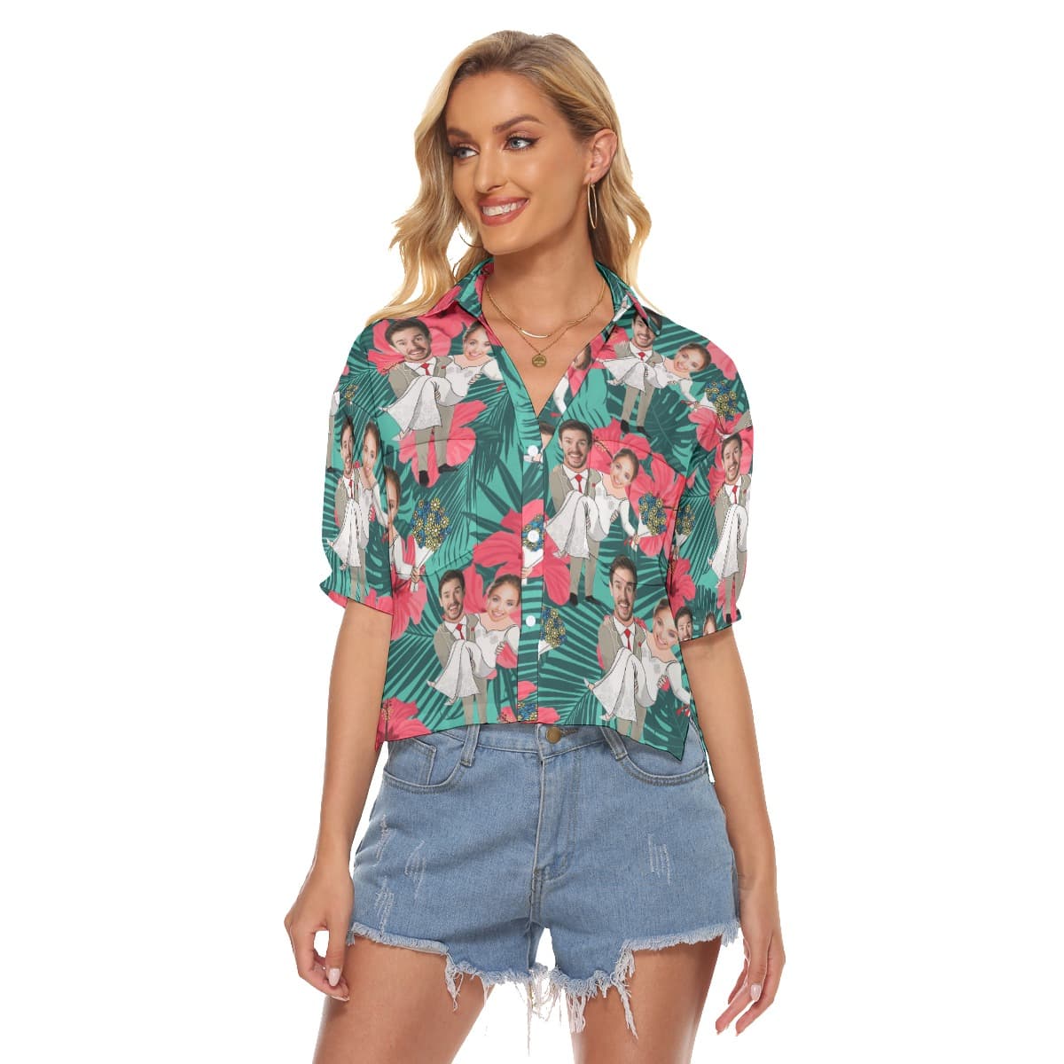 Women’s Crop Top Hawaiian Shirt Couple Custom Face (1)