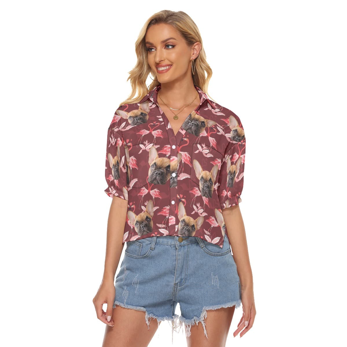 Women’s Custom Dog Face Cropped Hawaiian Shirt (1)