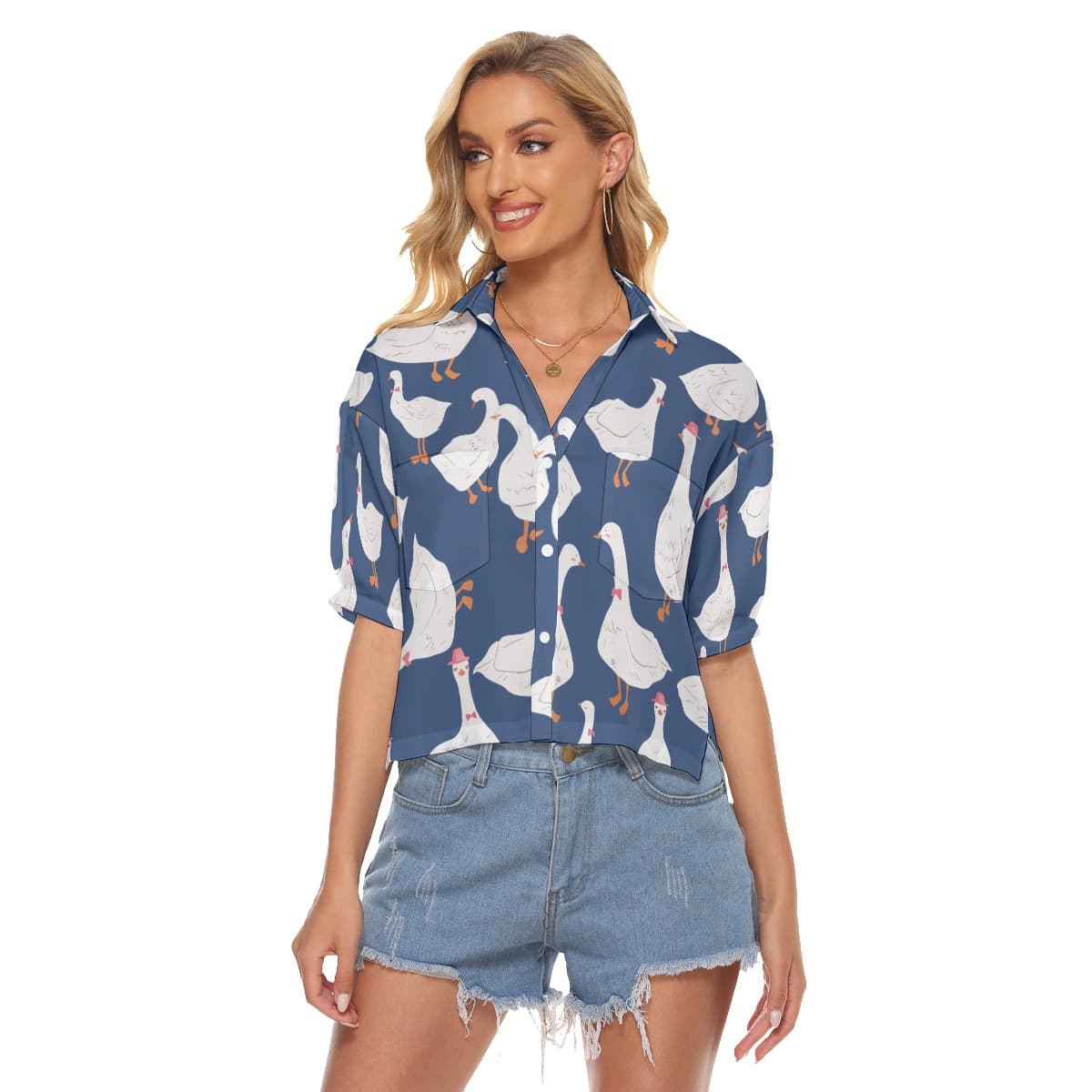 Women’s Lively Goose Blue Cropped Hawaiian Shirt (1)