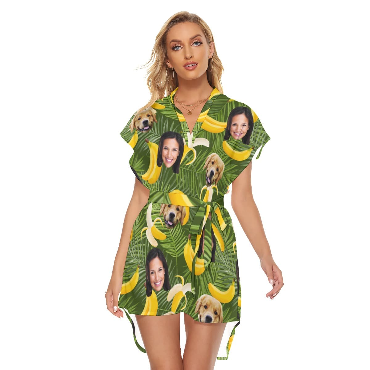 Banana Customize And Dog Hawaiian Dress With Belt For Women (1)