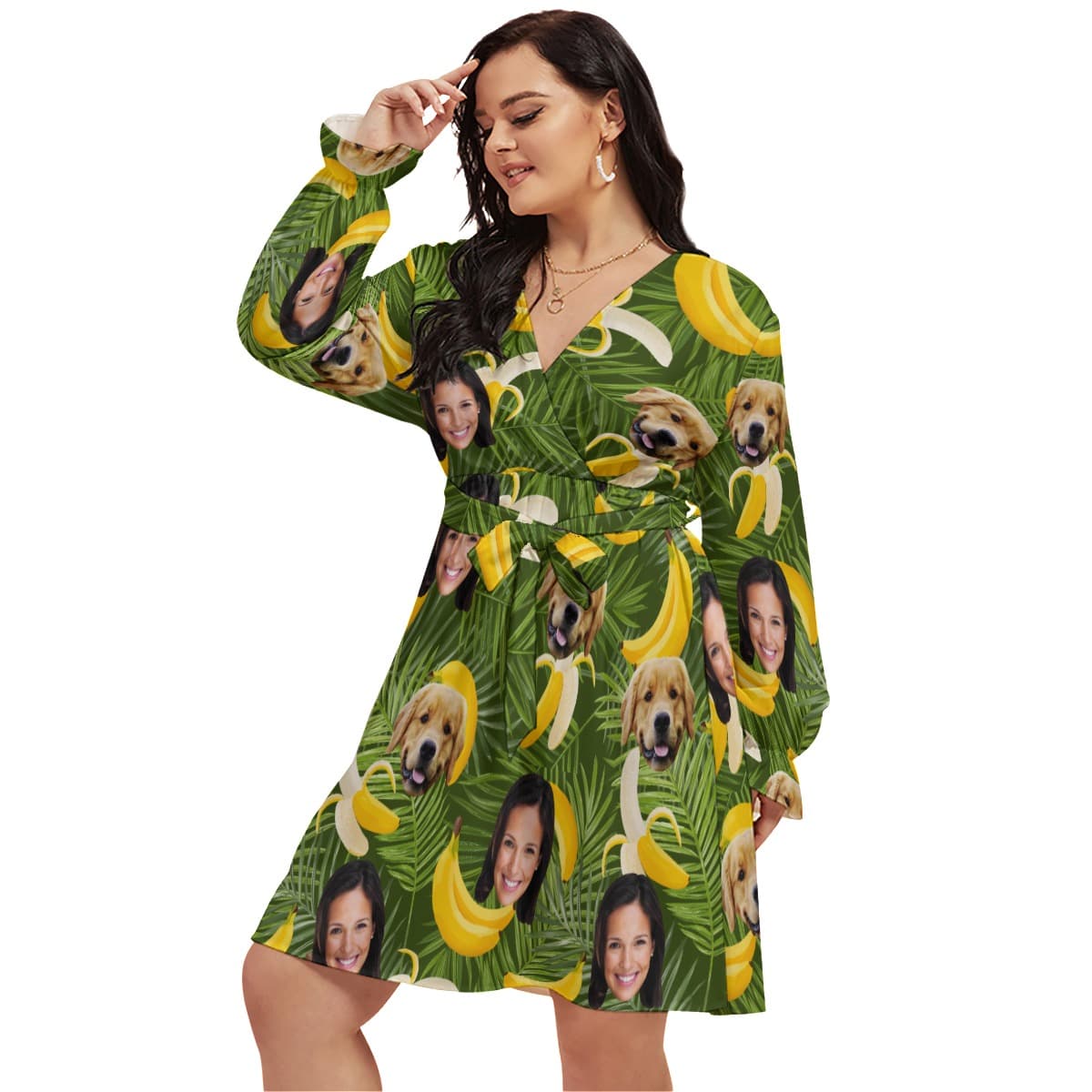 Banana Personalized With Dog Hawaiian V-neck Plus Size Dress (1)