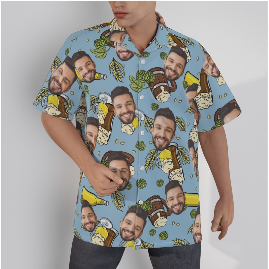 A blue Hawaiian shirt with beer flower pattern all over print, you can custom many faces on it
