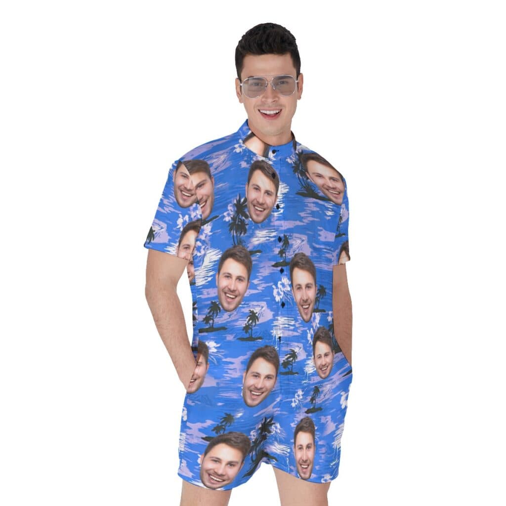 Blue Custom Face Hawaiian Romper For Men (1)