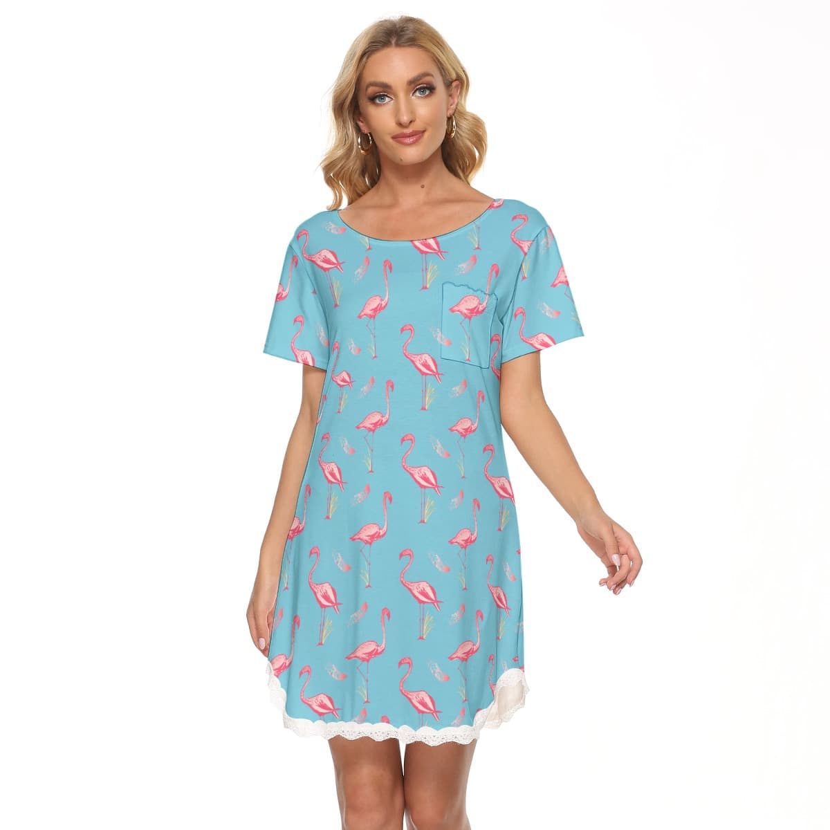 Blue Flamingo Hawaiian Dress With Lace (1)