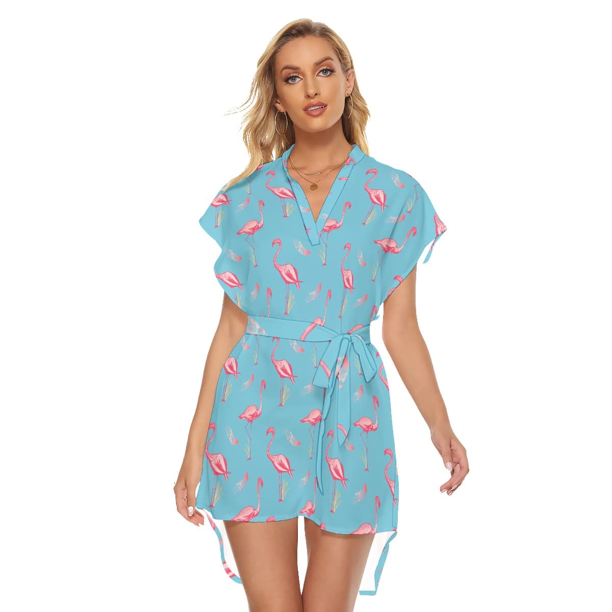 Blue Flamingo Hawaiian Dress With Tie (1)