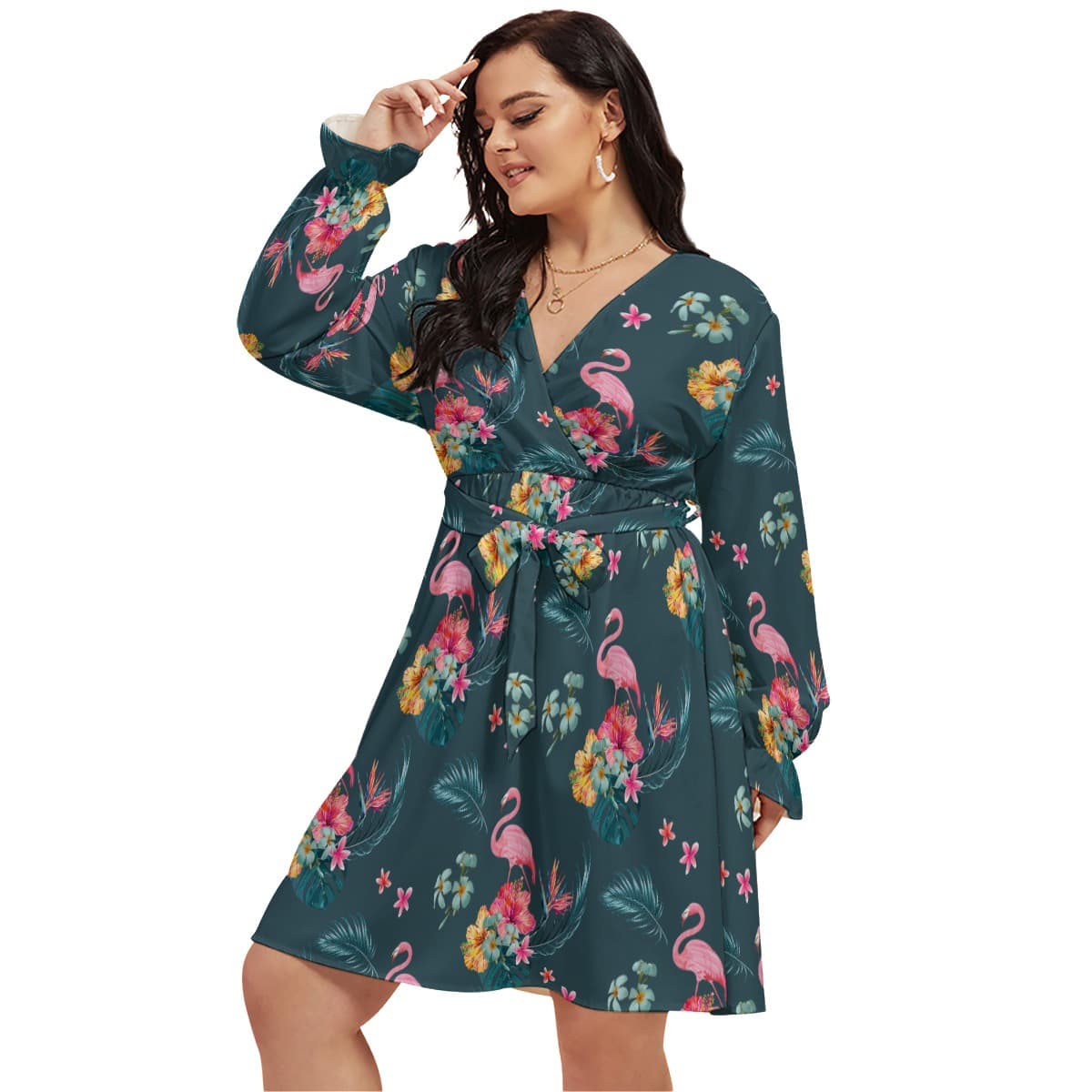 Blue Flamingo Hawaiian Plus Size V-Neck Dress (1)