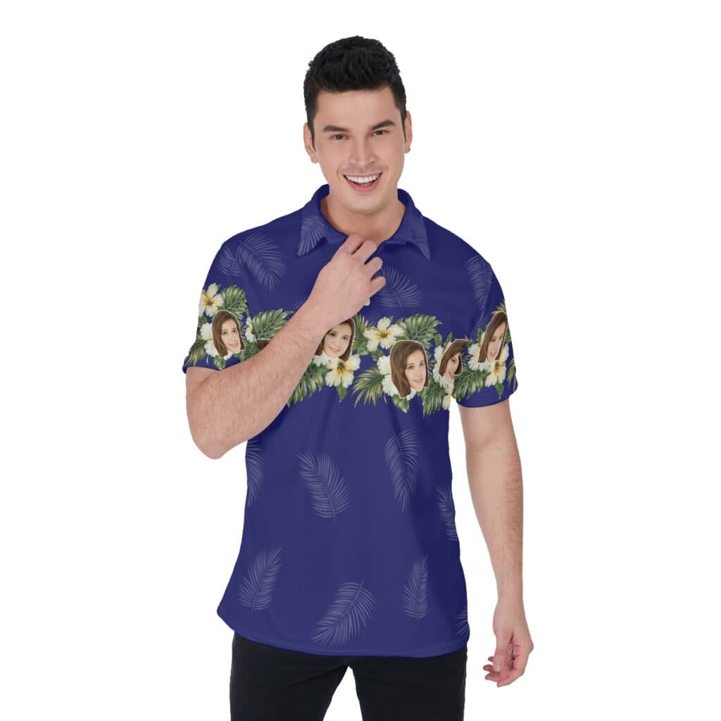 Blue Floral Men's Polo Shirt With Custom Face (1)