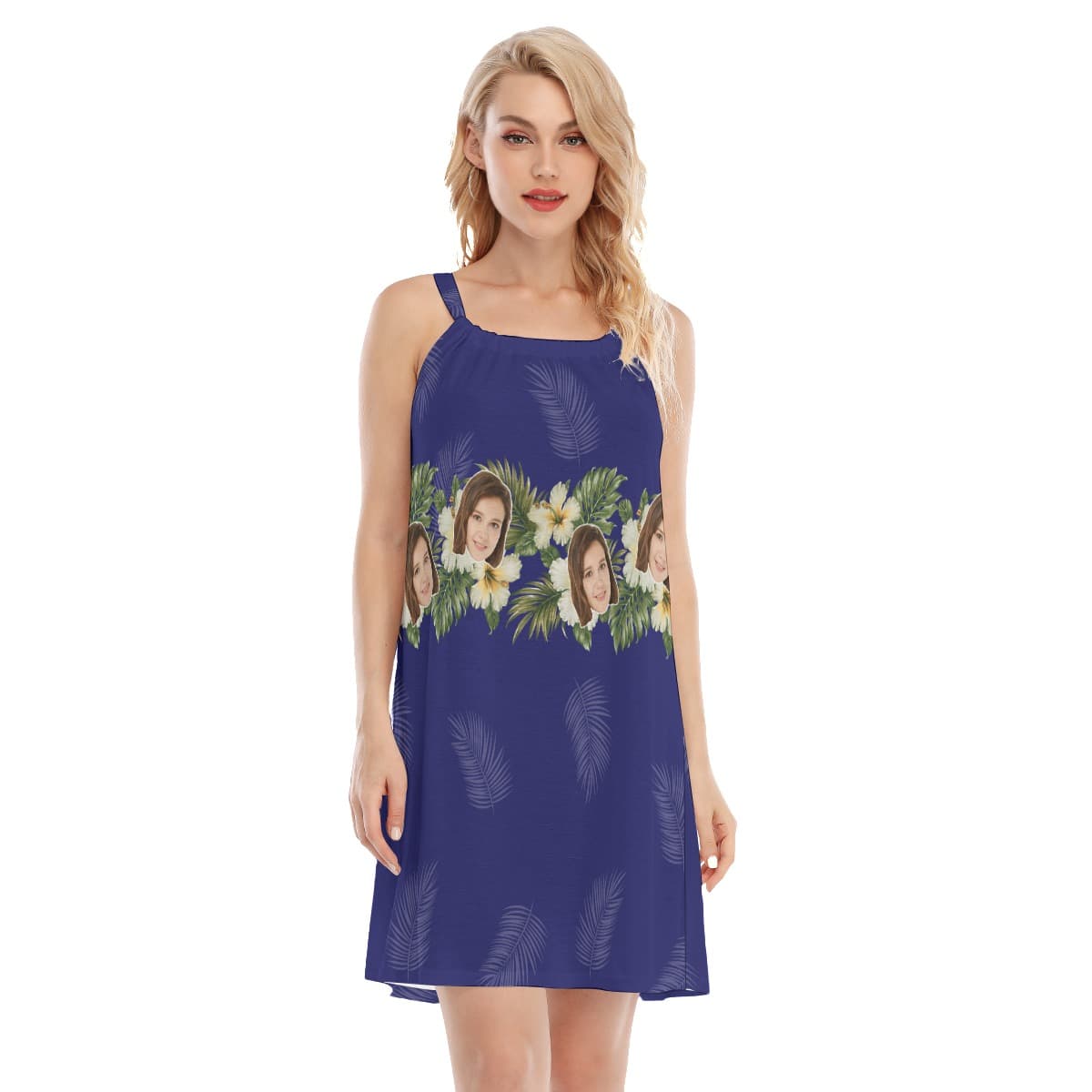 Blue Tropical Women's Dress With Multi Face (1)
