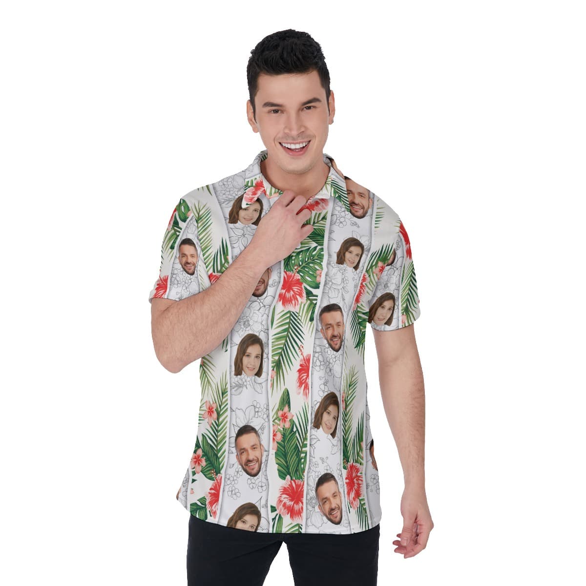 Cool Hibiscus Tropical Custom Couple Face Polo Shirt (1)