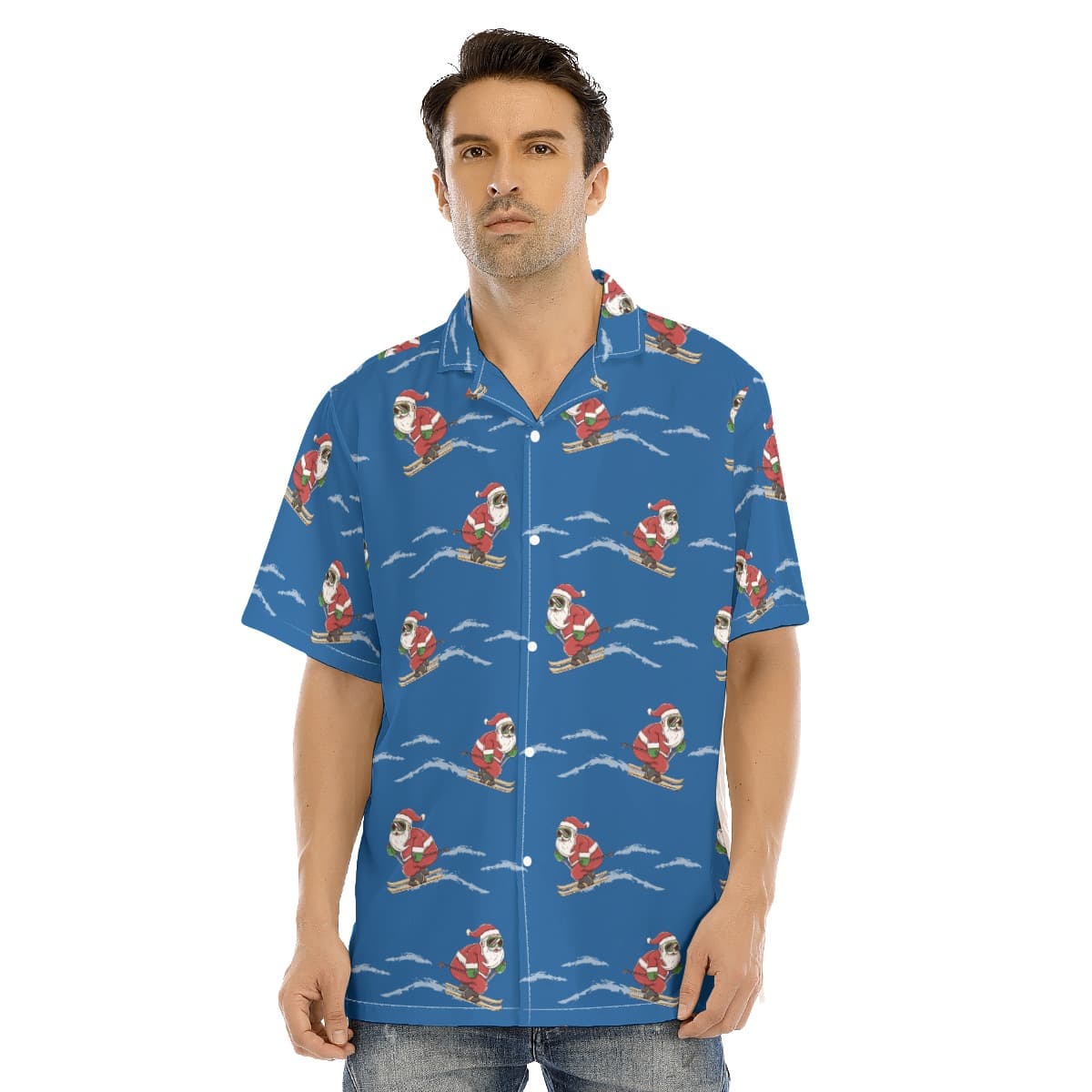 Cool Skiing Santa Claus Blue Hawaiian Shirt For Men (1)