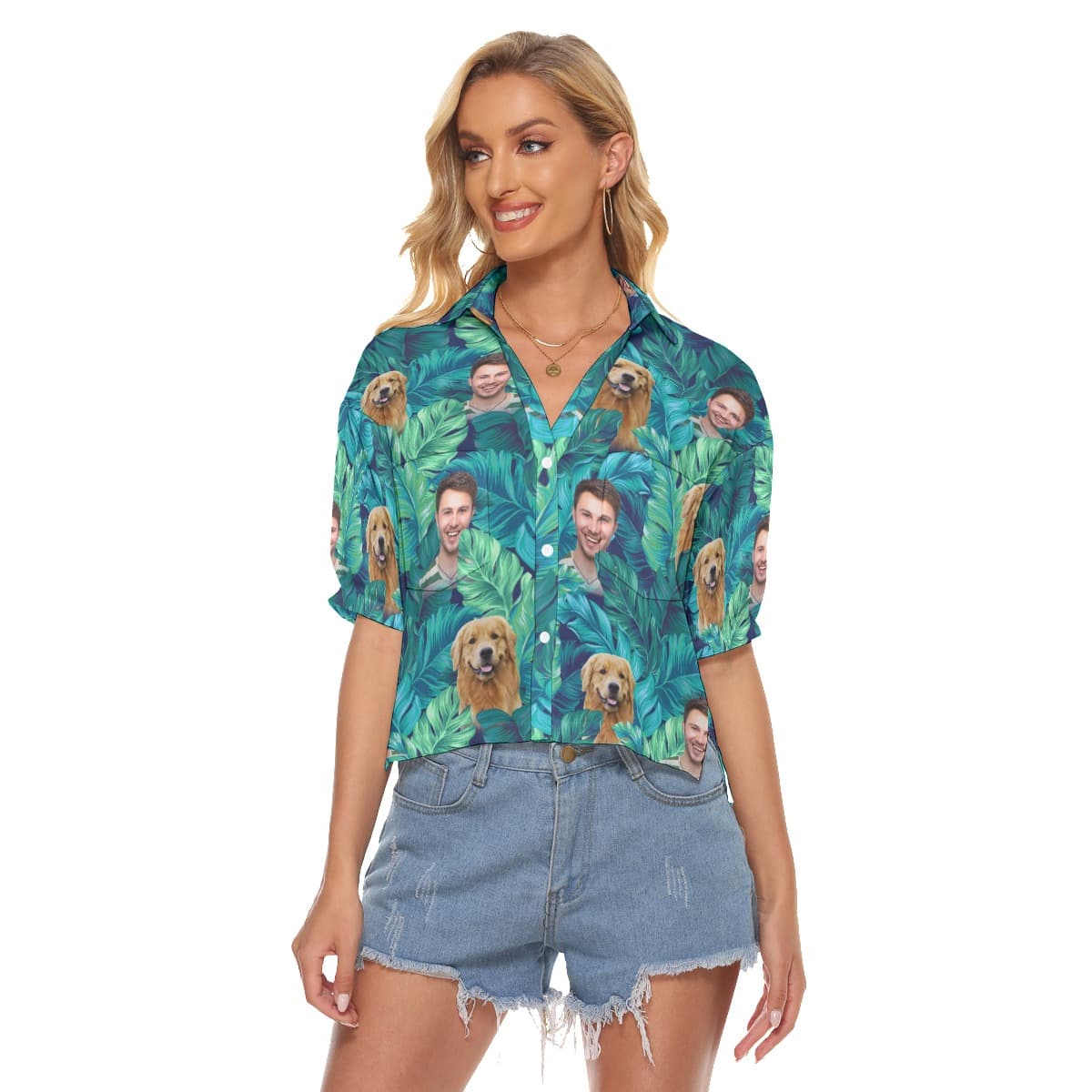 Custom 2 Faces With Dog Hawaiian Crop Top Shirt (1)