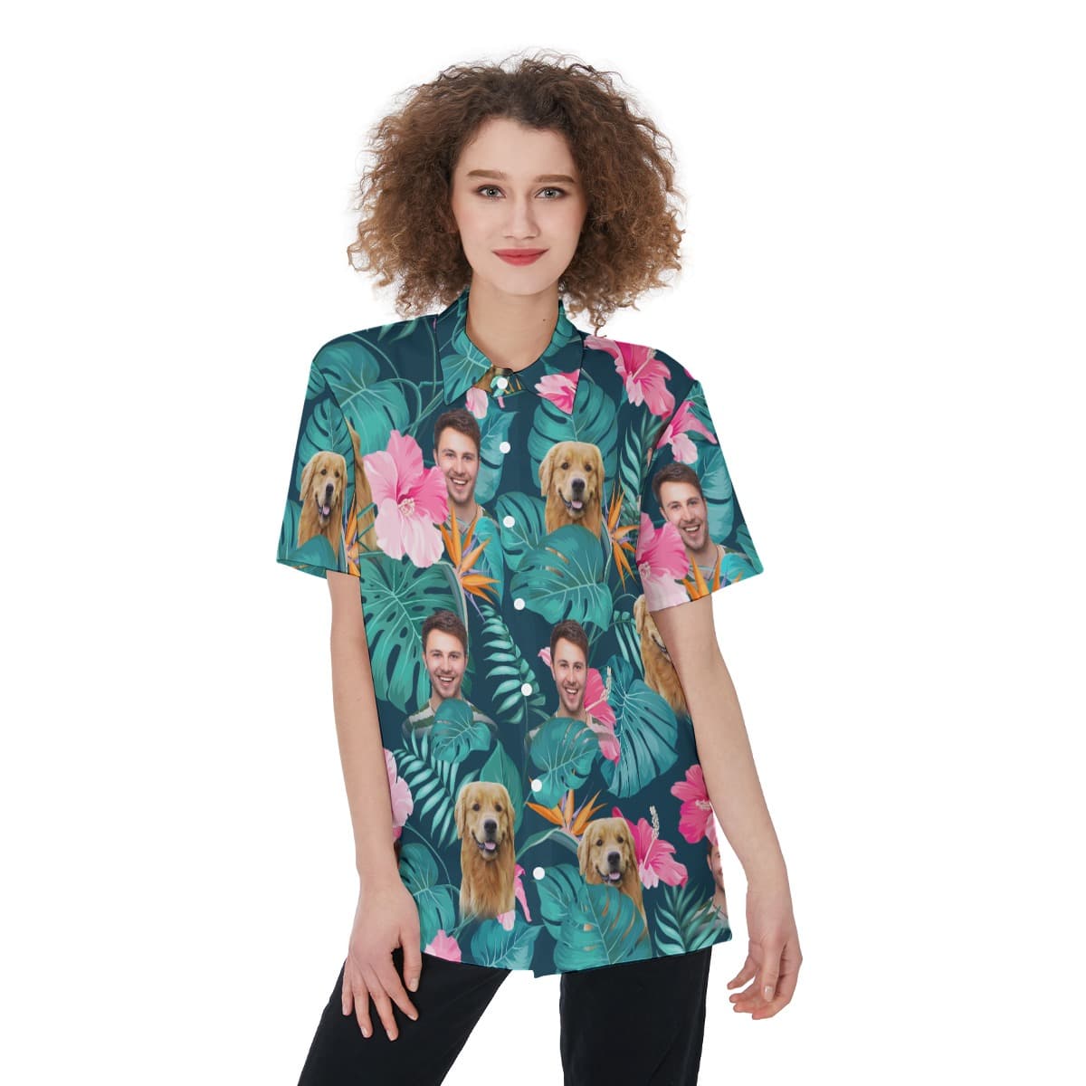 Custom 2 Faces With Pet Tropical Hawaiian Shirt For Women (1)