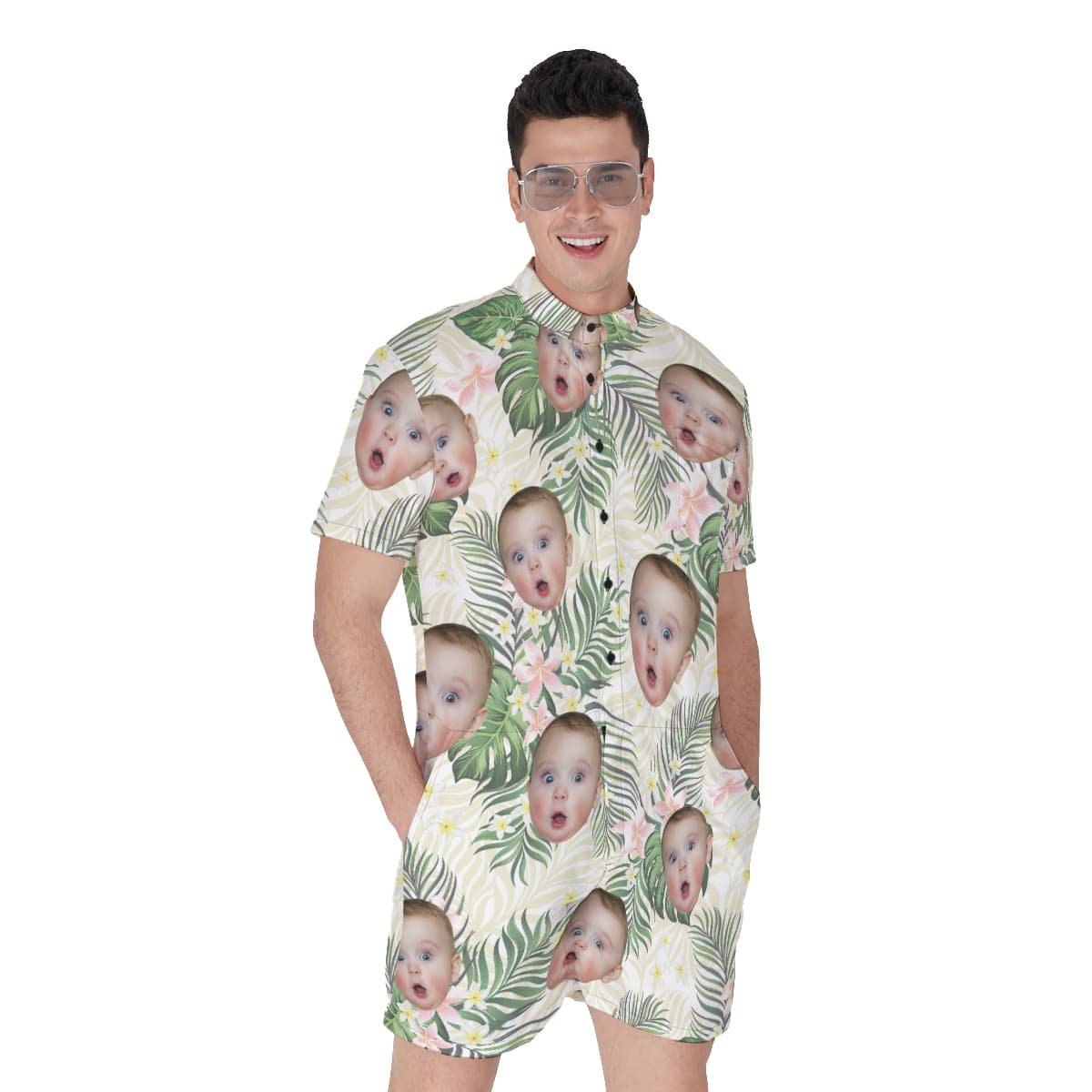 Custom Baby Face Floral Men's Hawaiian Romper