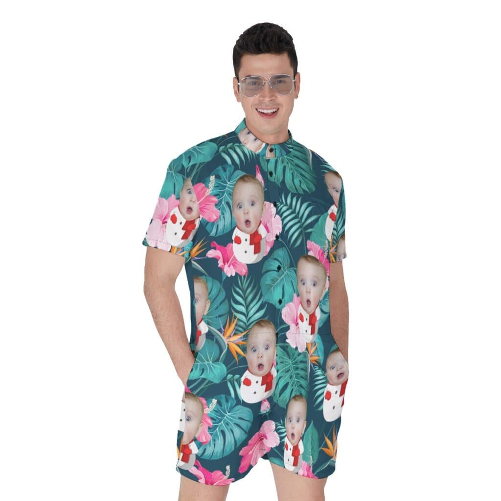 Custom Baby Face With Snowman Tropical Hawaiian Romper