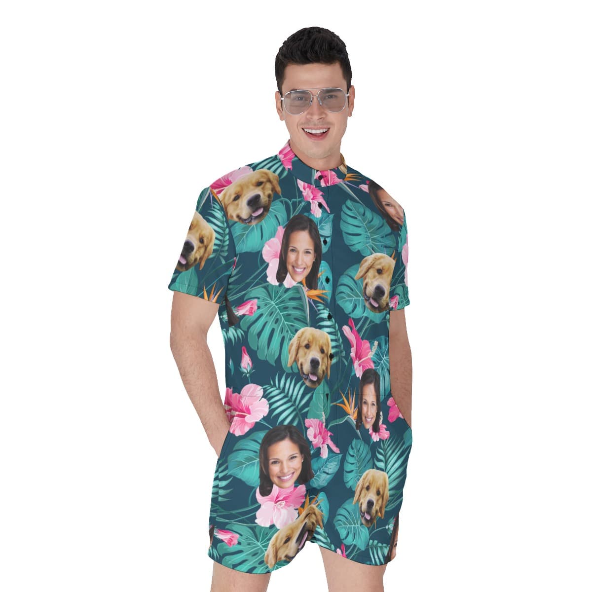Custom Dog And Owner Face Floral Hawaiian Romper For Men (1)