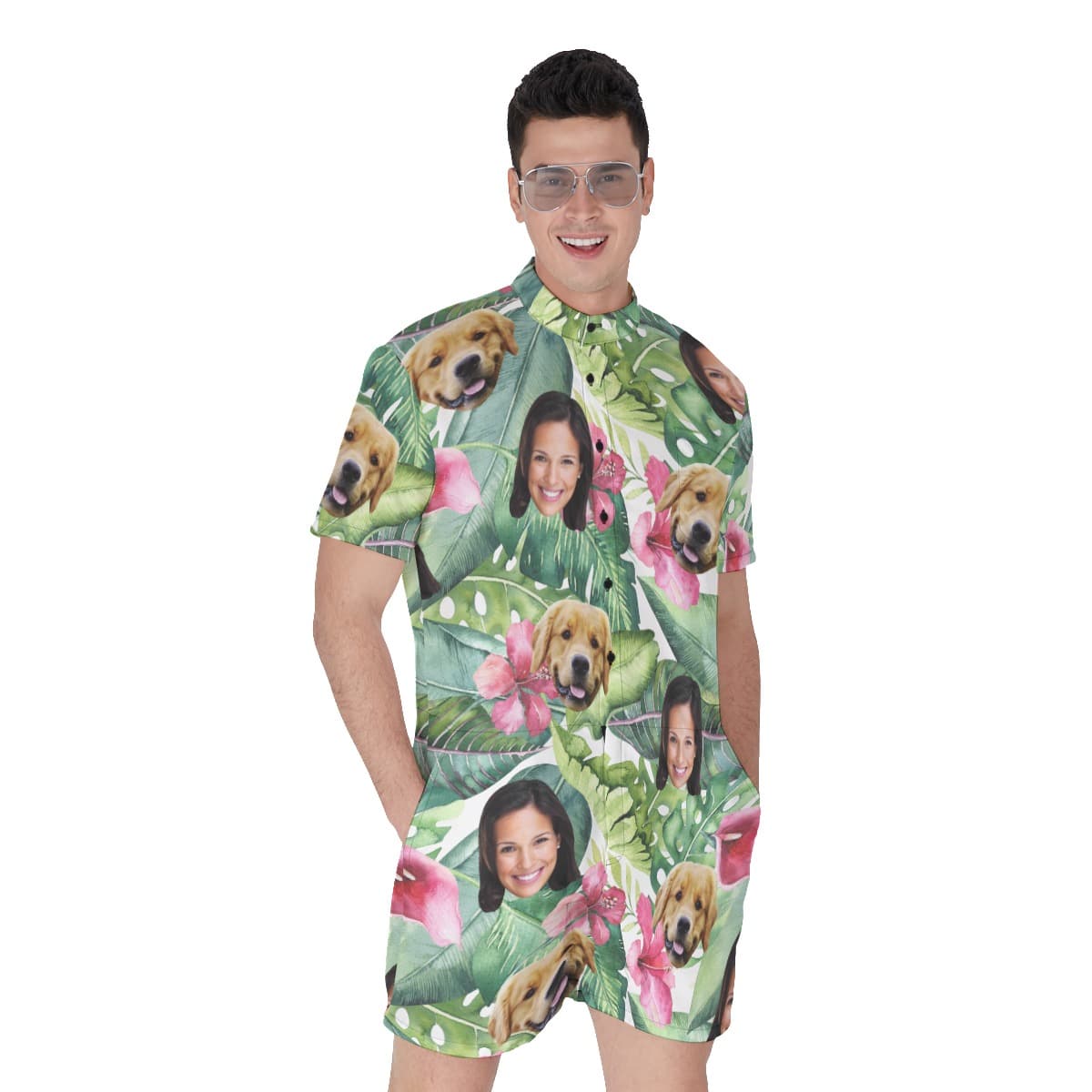 Custom Dog And Owner Face Tropical Hawaiian Romper For Men (1)
