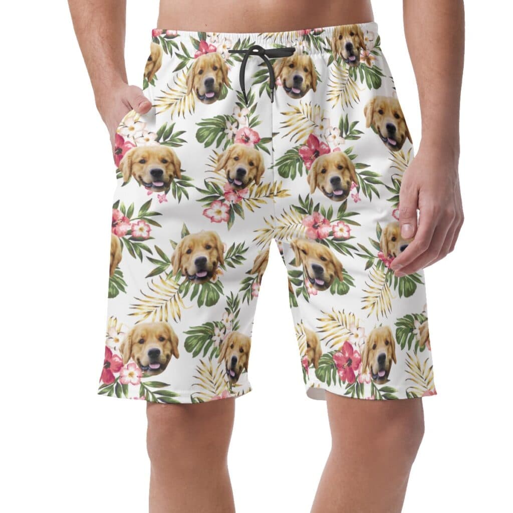 Custom Dog Face Floral White Hawaiian Beach Shorts For Men