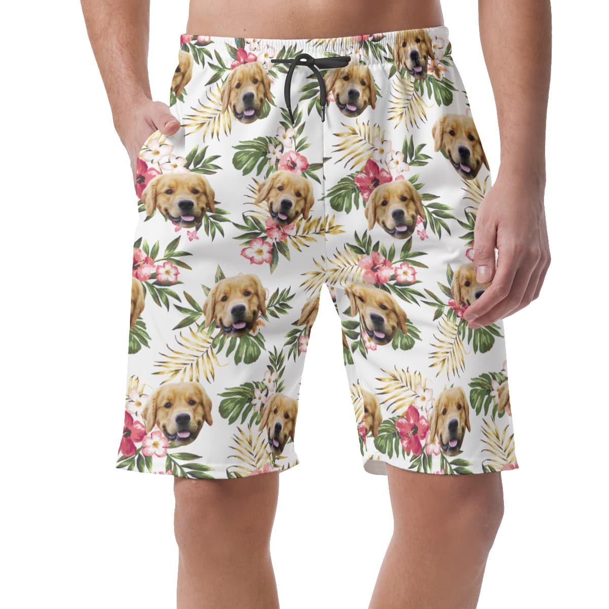 Custom Dog Face Floral White Hawaiian Beach Shorts For Men