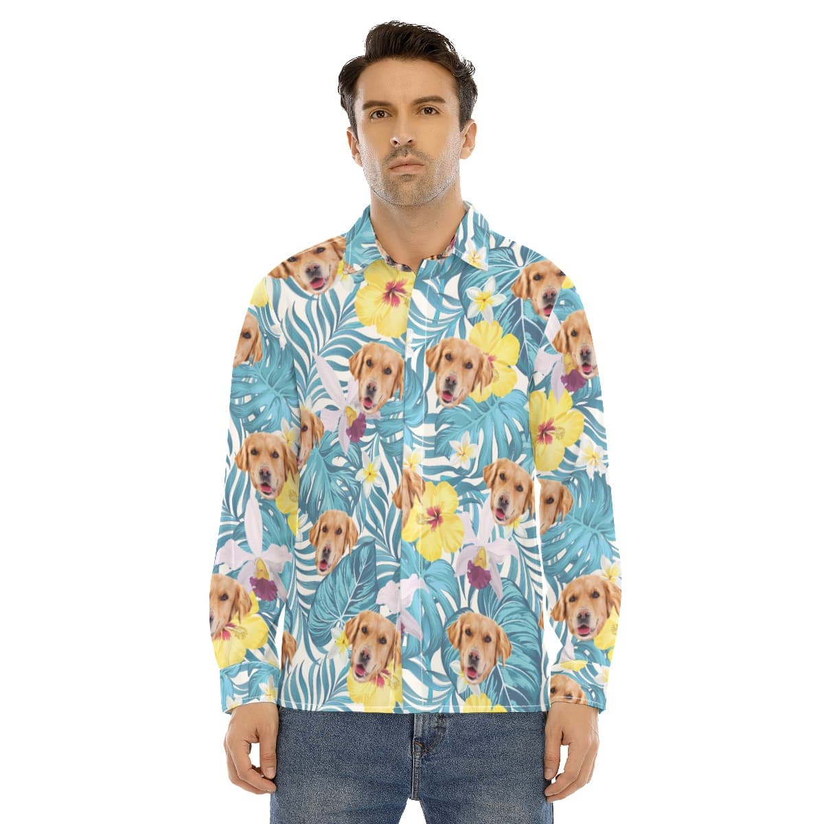 Custom Dog Face Long Sleeve Hawaiian Shirt For Men (1)