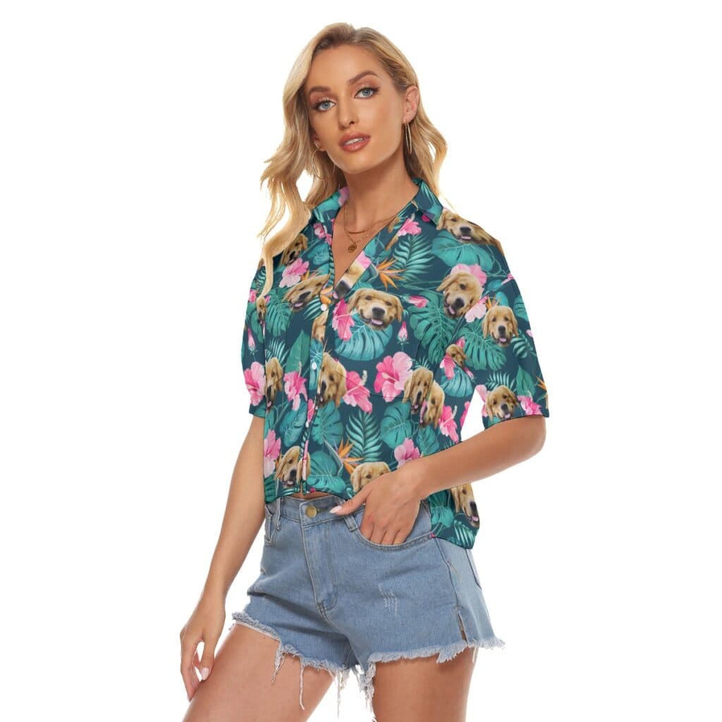 Custom Dog Face Tropical Hibicus Hawaiian Cropped Shirt For Women
