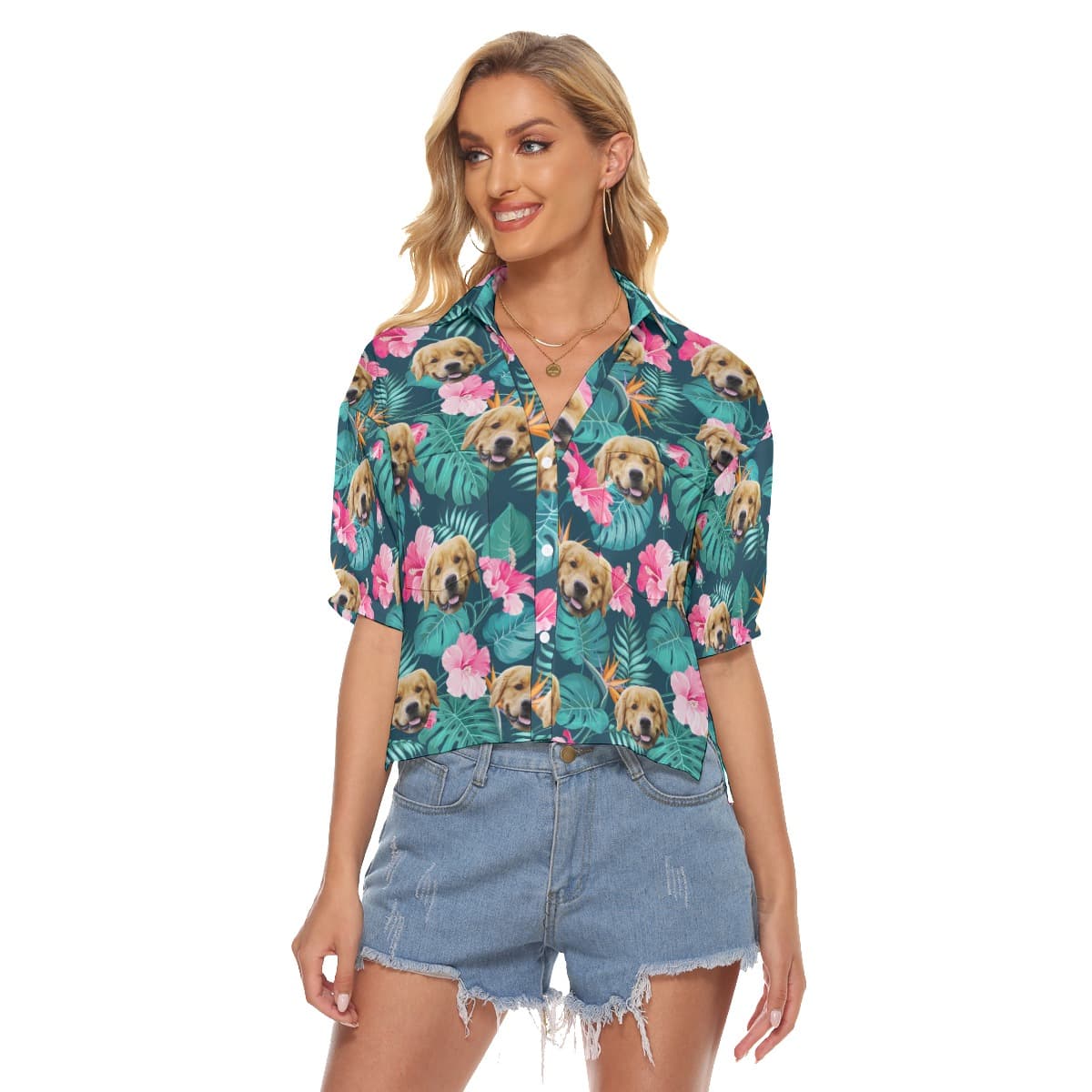 Custom Dog Face Tropical Hibicus Hawaiian Cropped Shirt For Women (3)