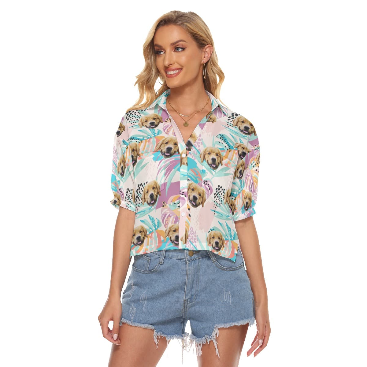 Custom Dog Face Tropical Leaves Pink Hawaiian Crop Top Shirt (4)